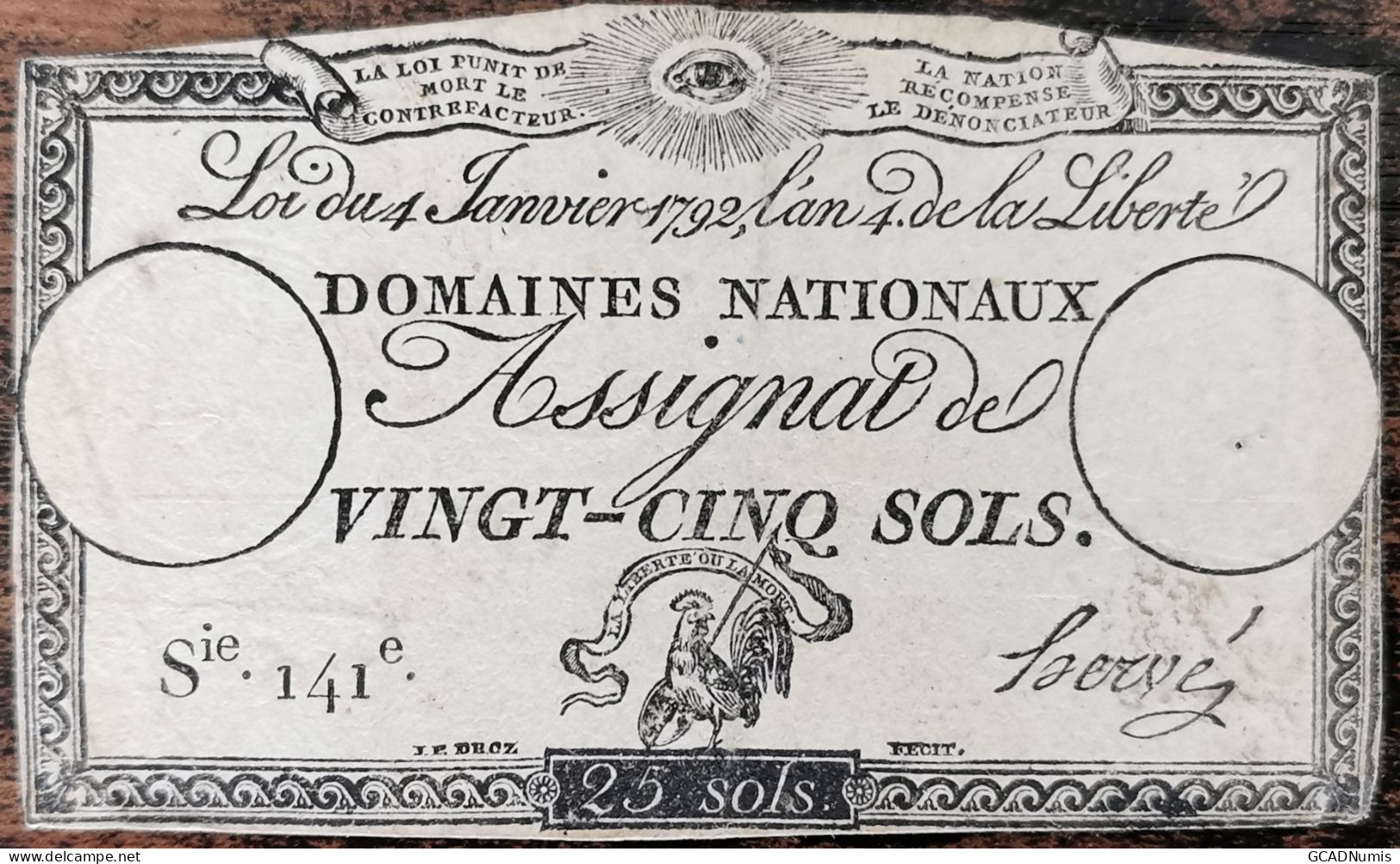 Assignat 25 Sols - 4 Janvier 1792 - Série 141 - Domaine Nationaux - Assignats & Mandats Territoriaux