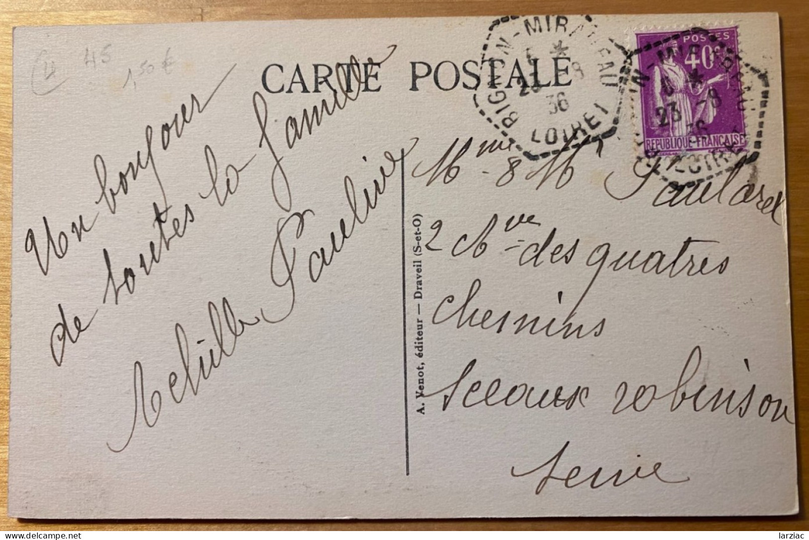 Carte Postale Affranchie Type Paix Oblitération Recette Auxiliaire Bignon-Mirabeau Loiret 1936 - 1921-1960: Période Moderne