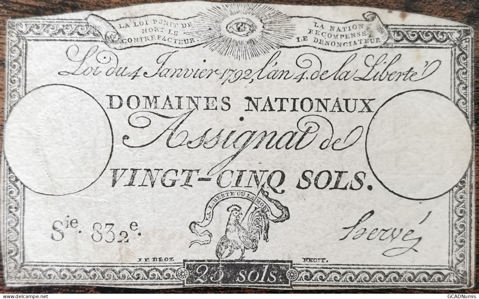 Assignat 25 Sols - 4 Janvier 1792 - Série 832 - Domaine Nationaux - Assignate