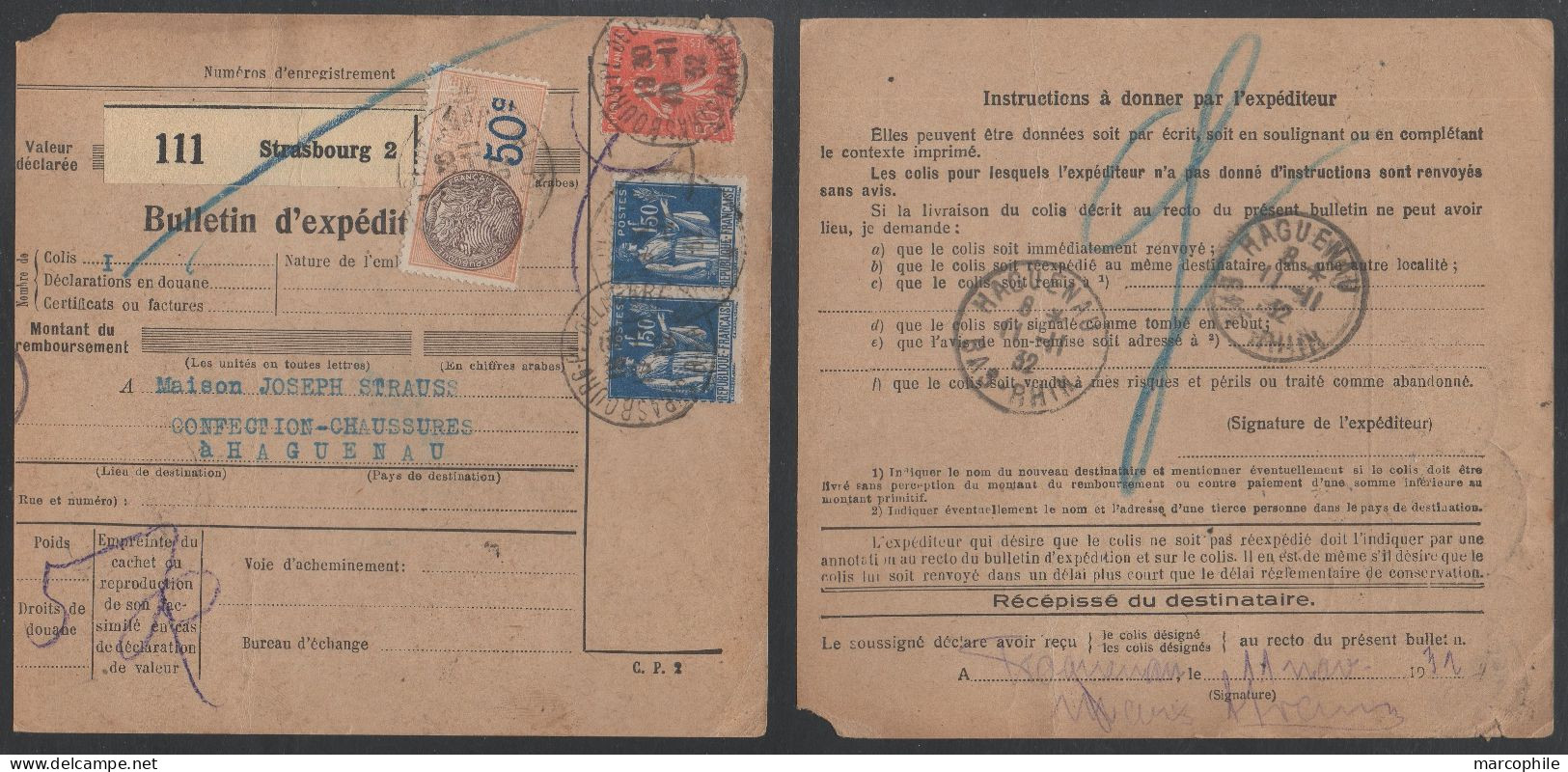 COLIS POSTAUX  - STRASBOURG 2  - ALSACE / 1932  BULLETIN D'EXPEDITION (ref 3173) - Cartas & Documentos