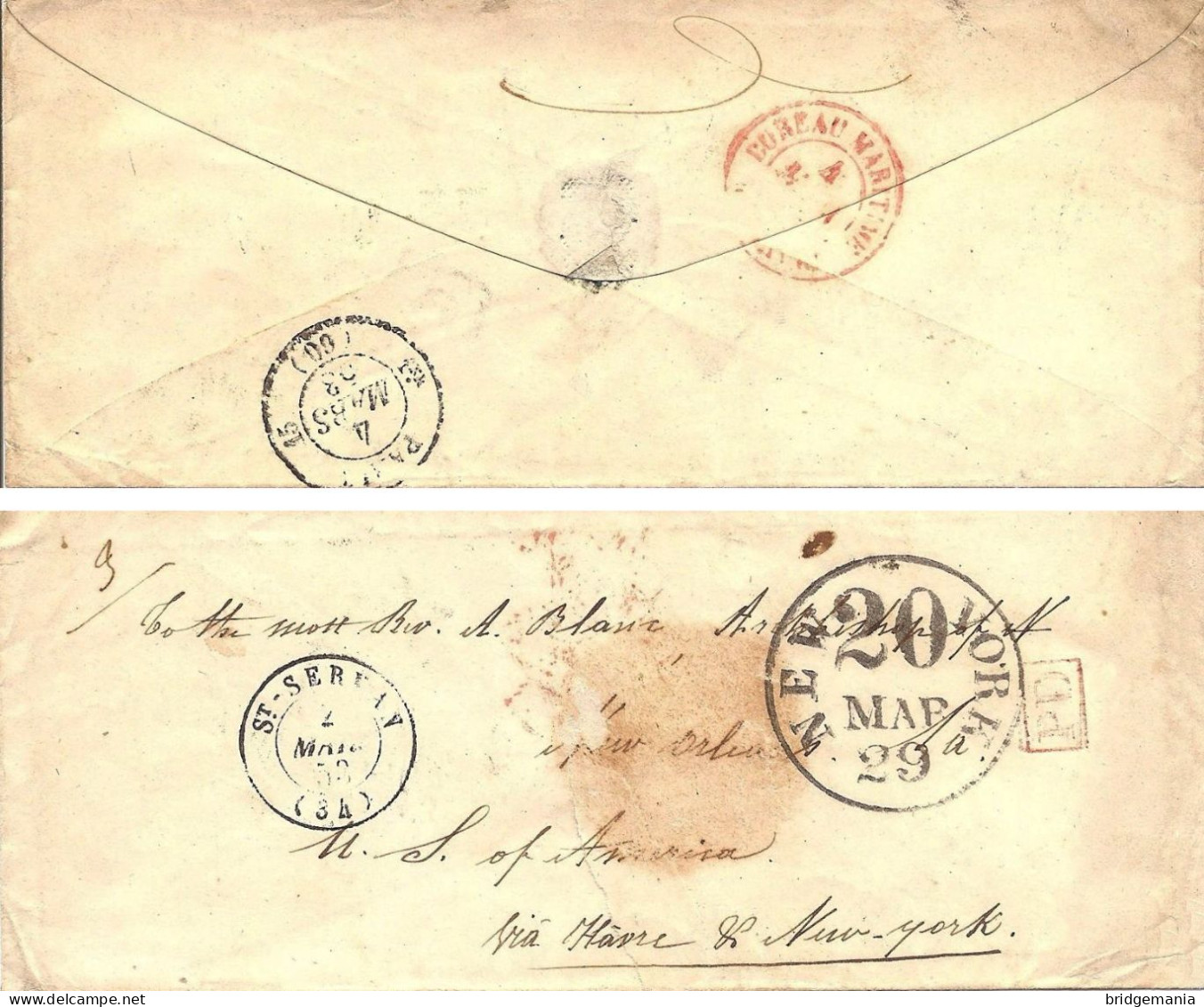 MTM129 - 1853 TRANSATLANTIC LETTER FRANCE TO USA STEAMER FRANKLIN THE HAVRE LINE - Marcofilia