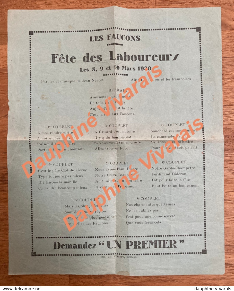 CHABEUIL LES FAUCONS 26 DROME - VIEUX PAPIER - PAROLES DE CHANSON - FETE DES LABOUREURS 1930 - Documents Historiques