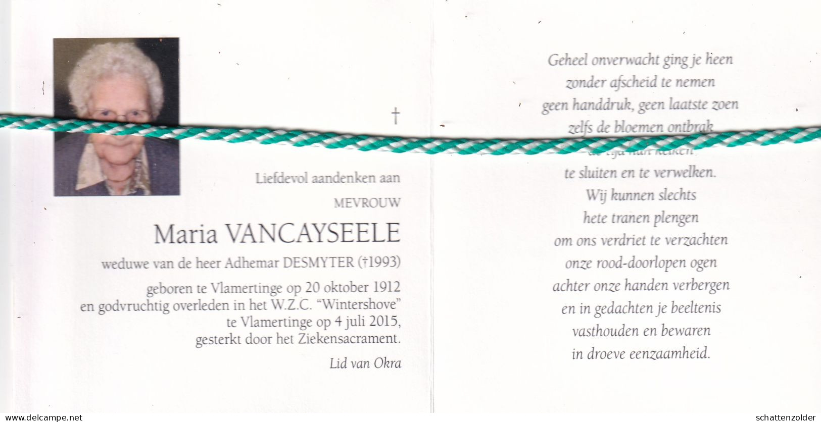 Maria Vandecasteele-Desmyter, Vlamertinge 1912, 2015. Honderdjarige. Foto - Obituary Notices