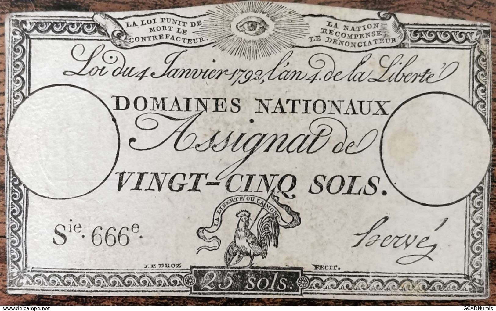 Assignat 25 Sols - 4 Janvier 1792 - Série 666 - Domaine Nationaux - Assignats