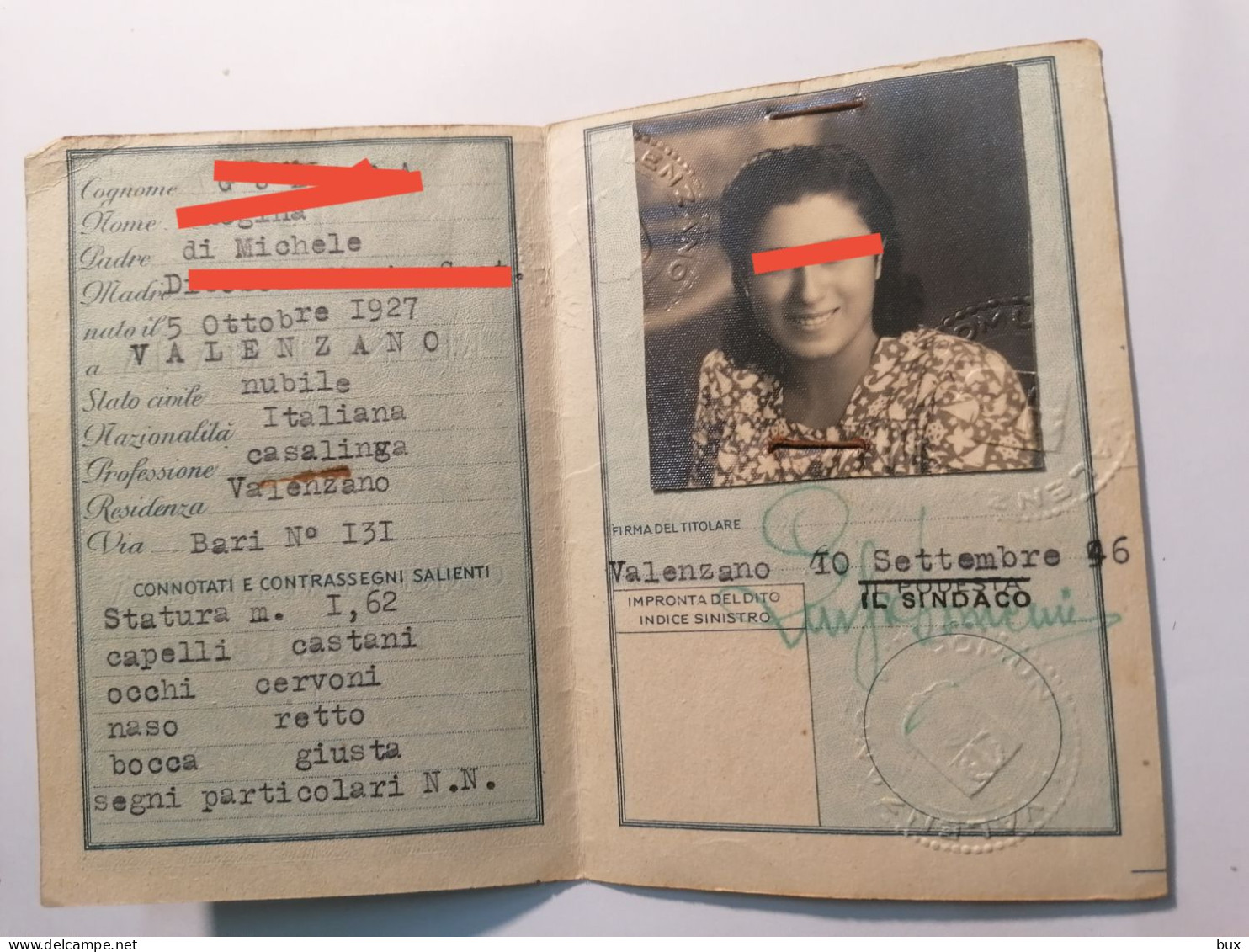 1946  REGNO D'ITALIA VALENZANO BARI CARTA D' IDENTITA   CON FOTO CEDULA DE IDENTIDAD Card Identity - Historische Documenten