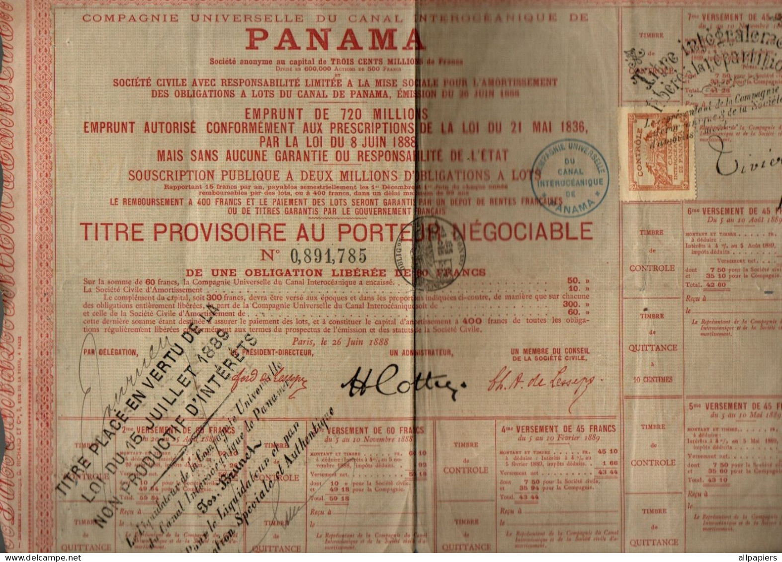 Titre Provisoire Au Porteur Négociable Compagnie Universelle Du Canal Interocéanique De Panama De 1889 - Other & Unclassified