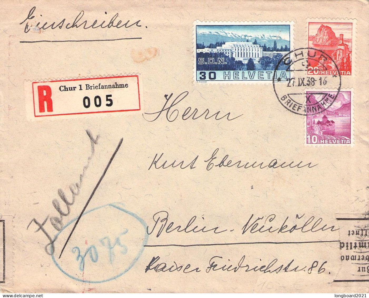 SCHWEIZ - EINSCHREIBEN 1938 CHUR - BERLIN / 7042 - Covers & Documents