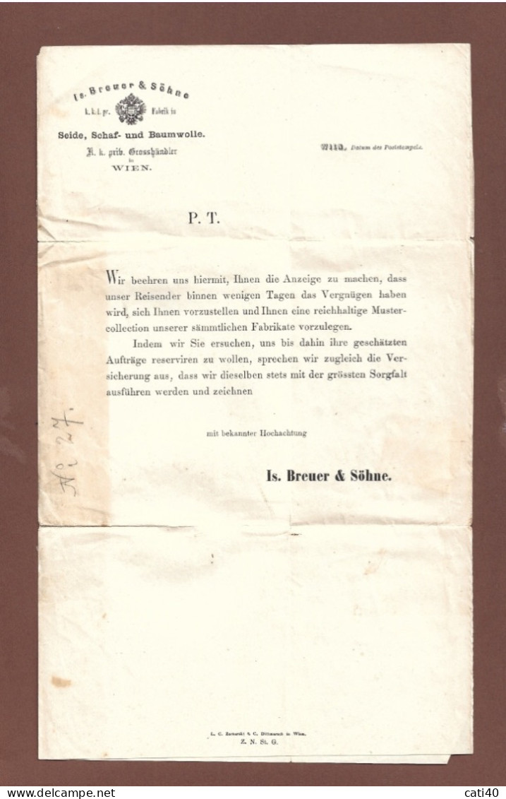 AUSTRIA - 2 K Giallo Su Lettera A Stampa Da WIEN 30/6/ 1864  Per  WOLFSBERG - Famiglie Reali