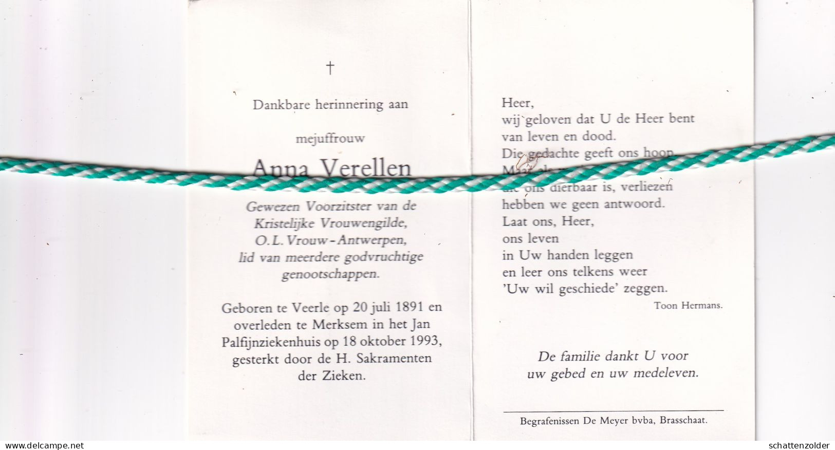 Anna Verellen, Veerle 1891, Merksem 1993. - Todesanzeige