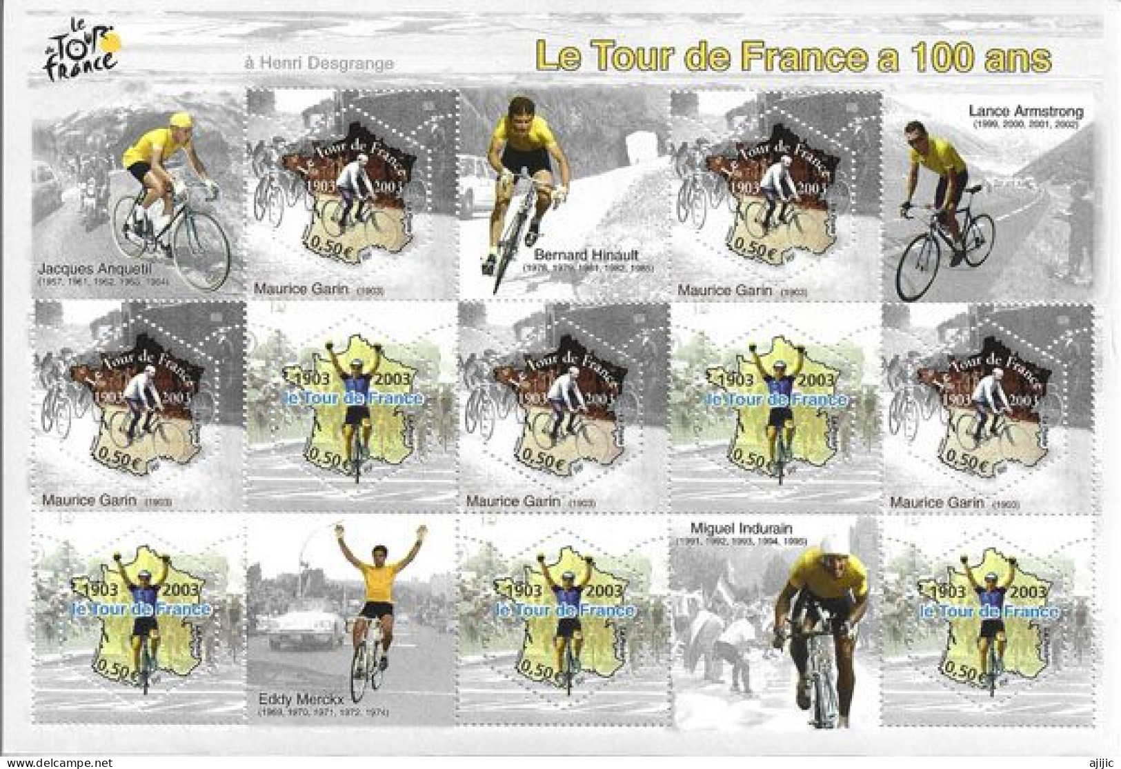 FRANCE.TOUR DE FRANCE (Centenaire) Bloc-feuillet Neuf ** (10 Timbres Neufs ** Avec Vignettes Attenantes), Année 2003 - Ciclismo