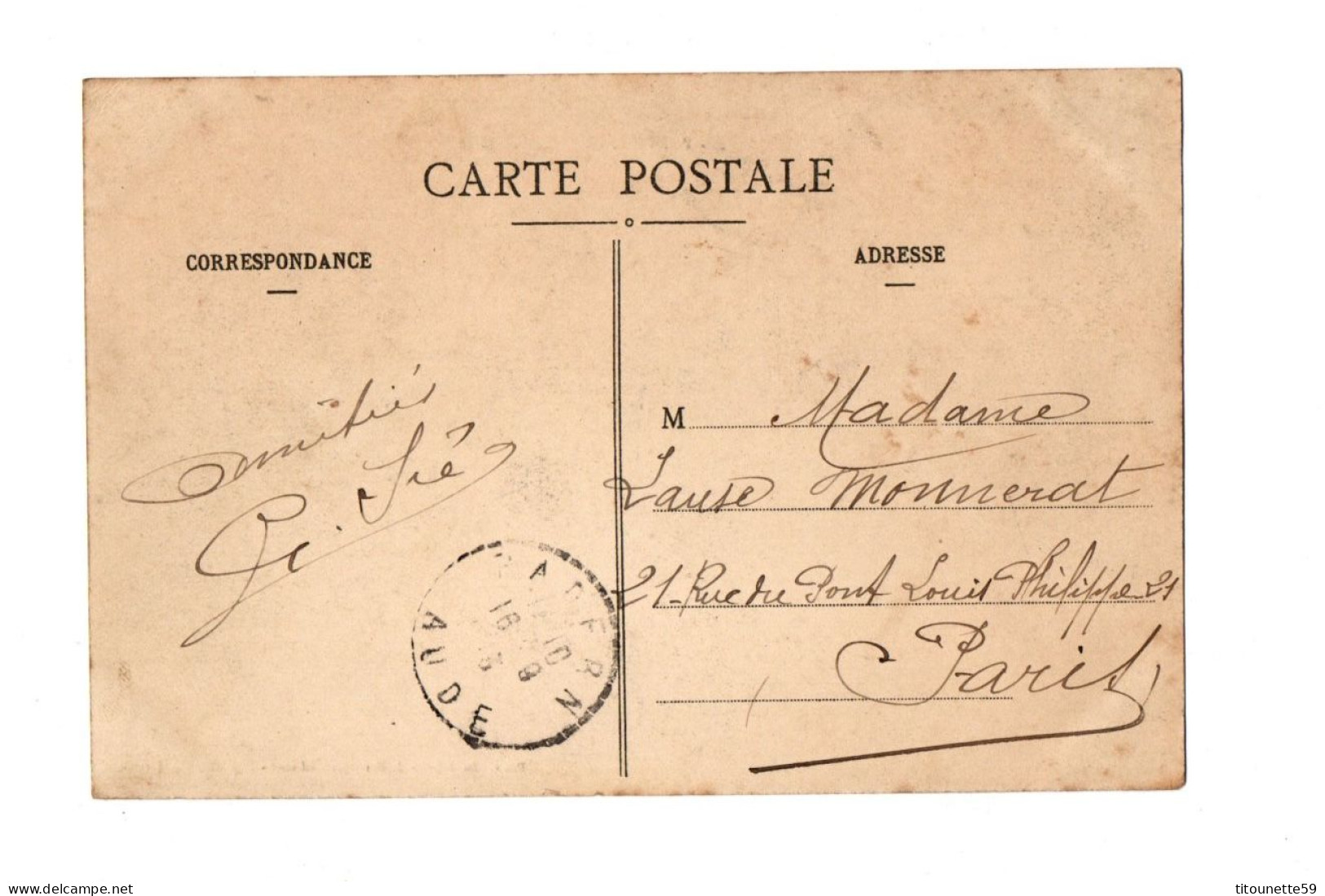 11- PADERN  (AUDE) - RUE De La MAIRIE Postes Et Télégrahes - Editeur BERDAGUE C Et J- écrite- 1913 - Autres & Non Classés
