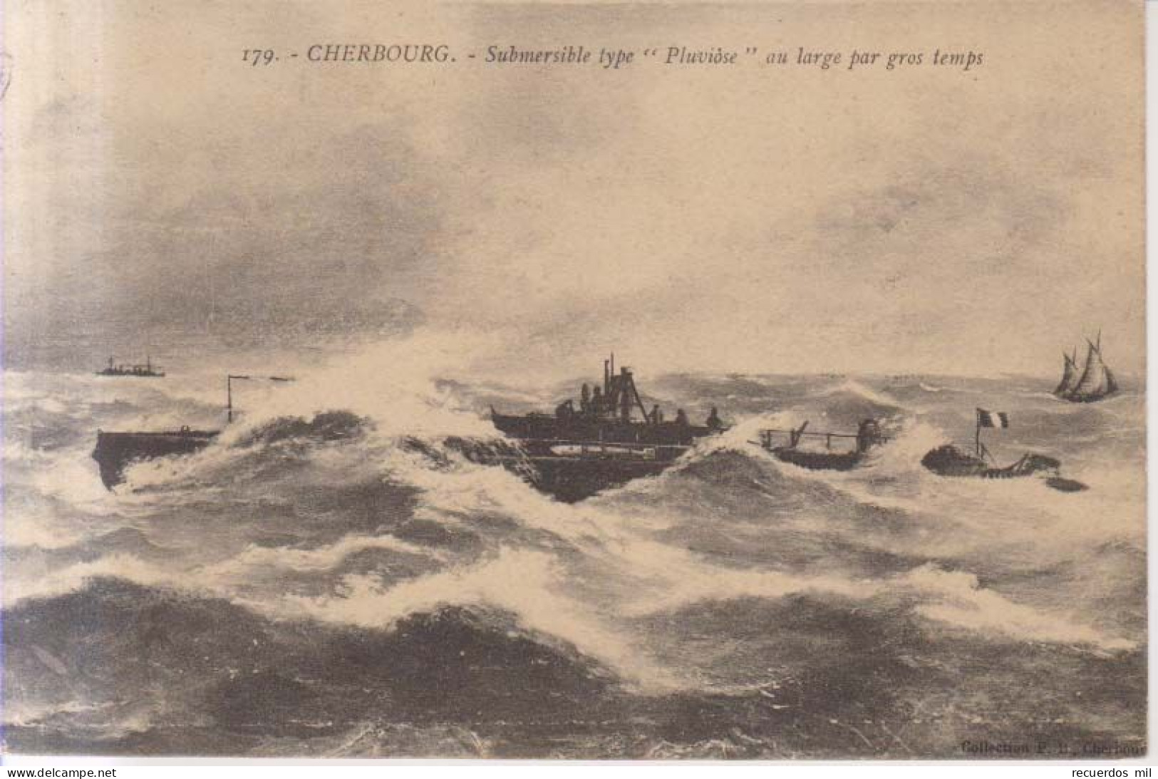 Cherbourg  Submersible Type Pluviose Au Large Par Gros Temps Carte Postale Animee 1913 - Cherbourg