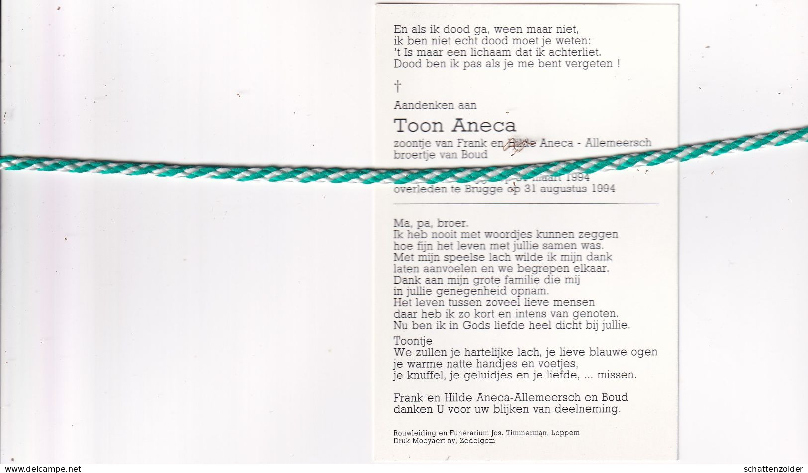 Toon Aneca-Allemeersch, Brugge 1994. Foto - Obituary Notices