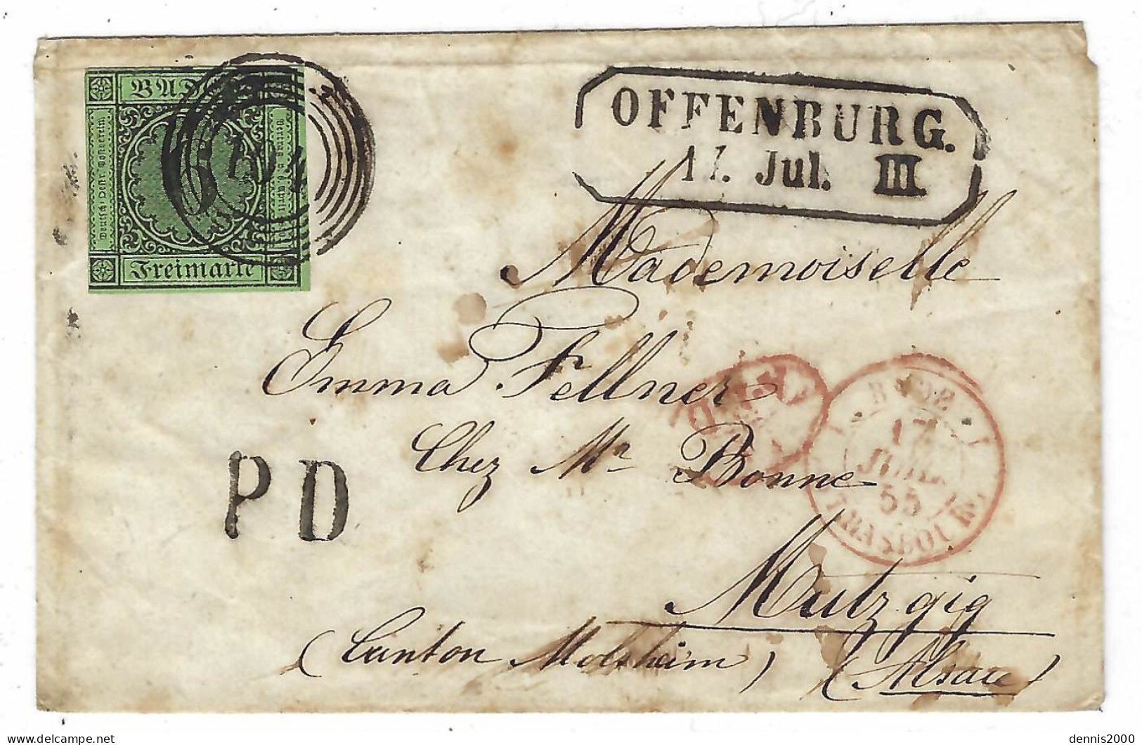 1855 - Cover From OFFENBURG To Mutzgig (Alsace) Affr. N° 3 Canc. 104 +red A.E.D / 11 + French Entr. BADE 1 STRASBOURG 1 - Lettres & Documents