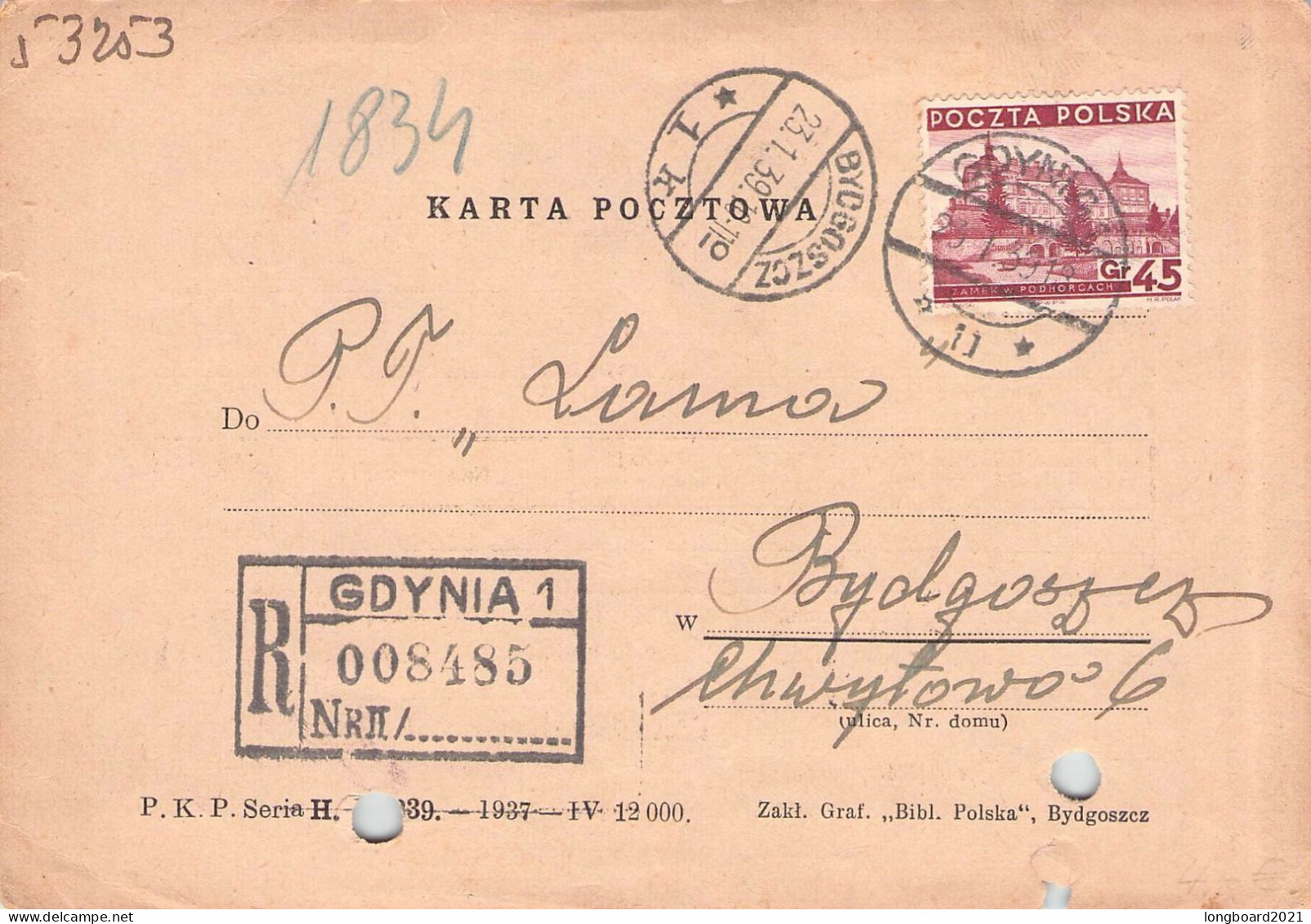 POLAND - POSTCARD 1939 GDYNIA - BYDGOSZCZ / 7043 - Briefe U. Dokumente