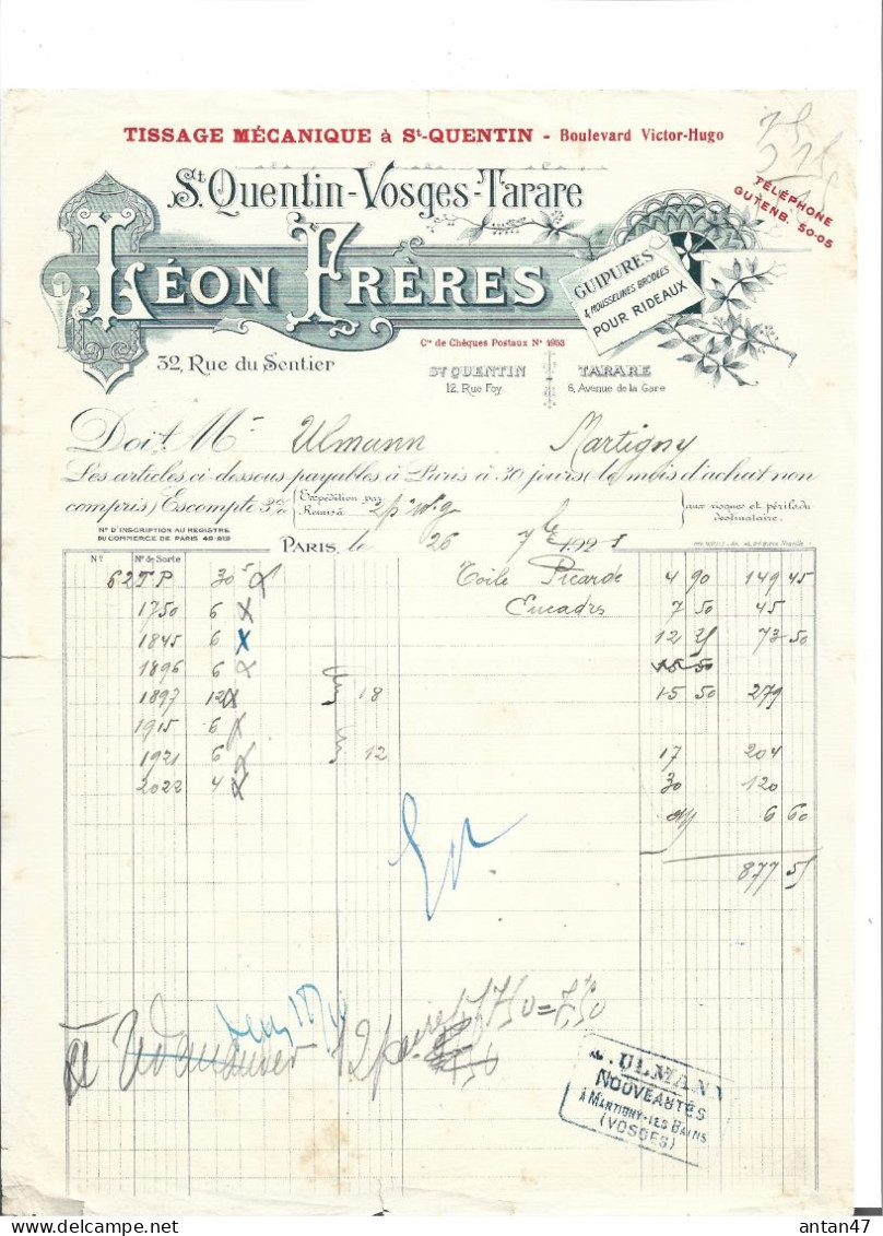 2 Factures Illustrées 1927 / 02 SAINT QUENTIN TARARE / 75002 PARIS / Tissage LEON Frères - 1900 – 1949