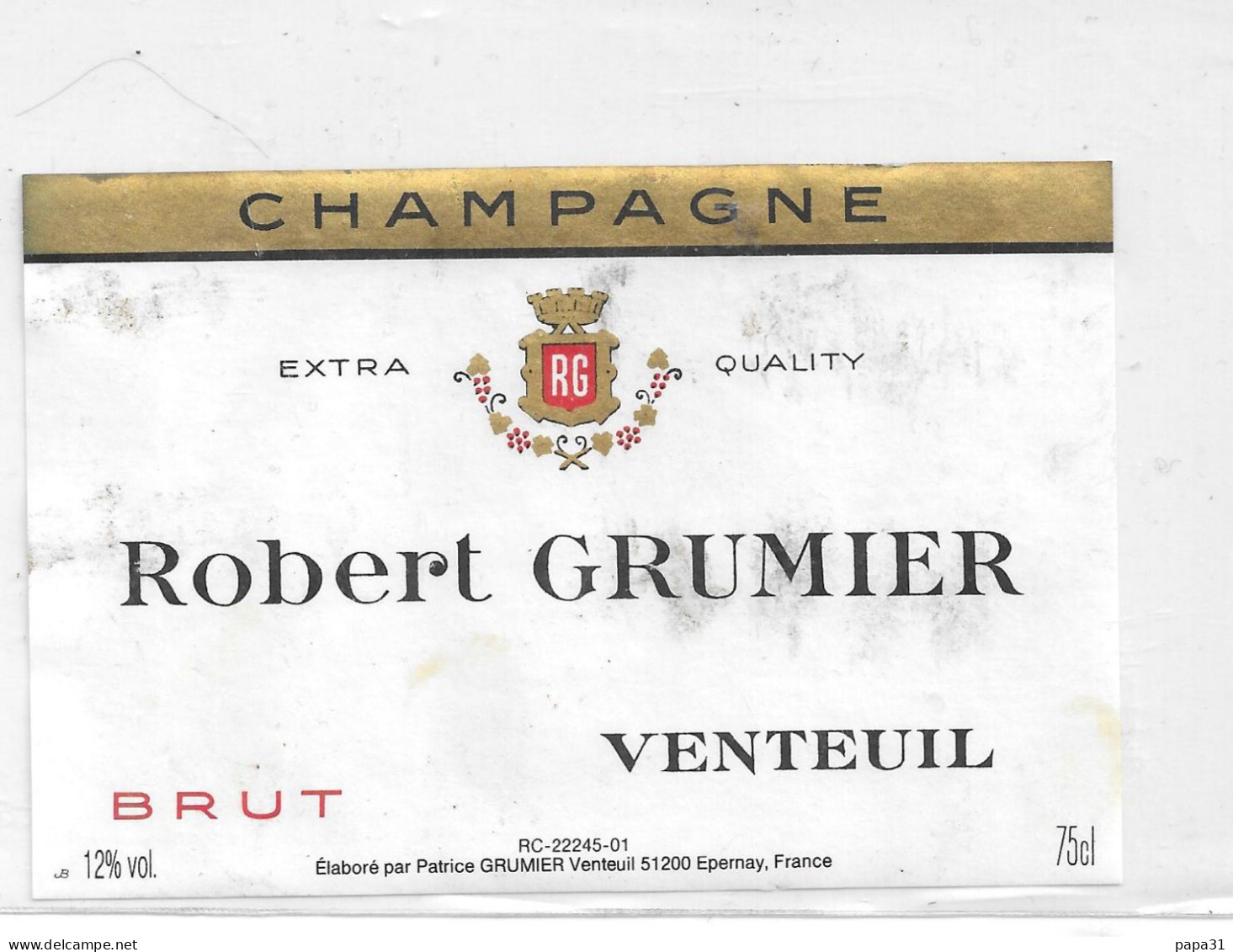 Etiquette De Champagne Robert GRUMIER - VENTEUIL - Champan