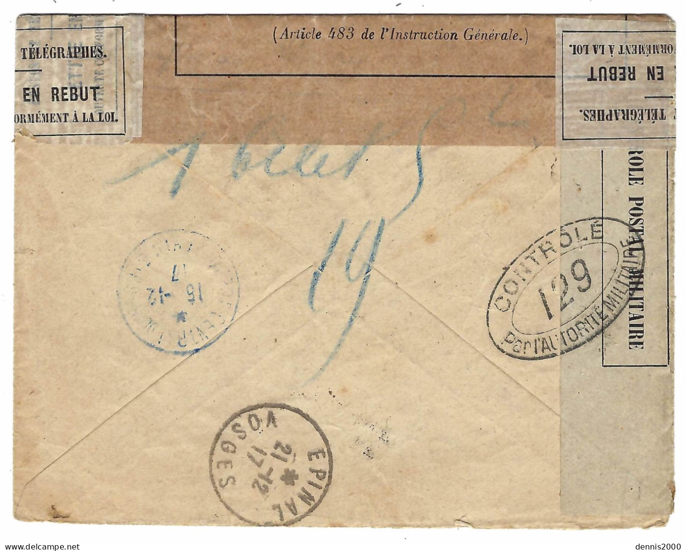 1917 - Enveloppe Des Sapeurs - Pompiers D'Epinal ( Vosges ) " LE DESTINATAIRE / N'A PU ETRE ATTEINT " - 1. Weltkrieg 1914-1918