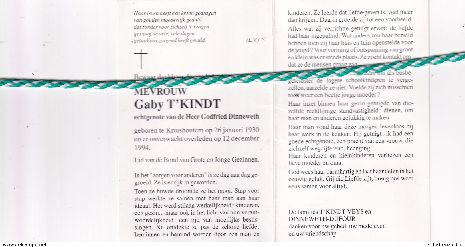 Gaby T'Kindt-Dinneweth, Kruishoutem 1930, 1994. Foto - Obituary Notices