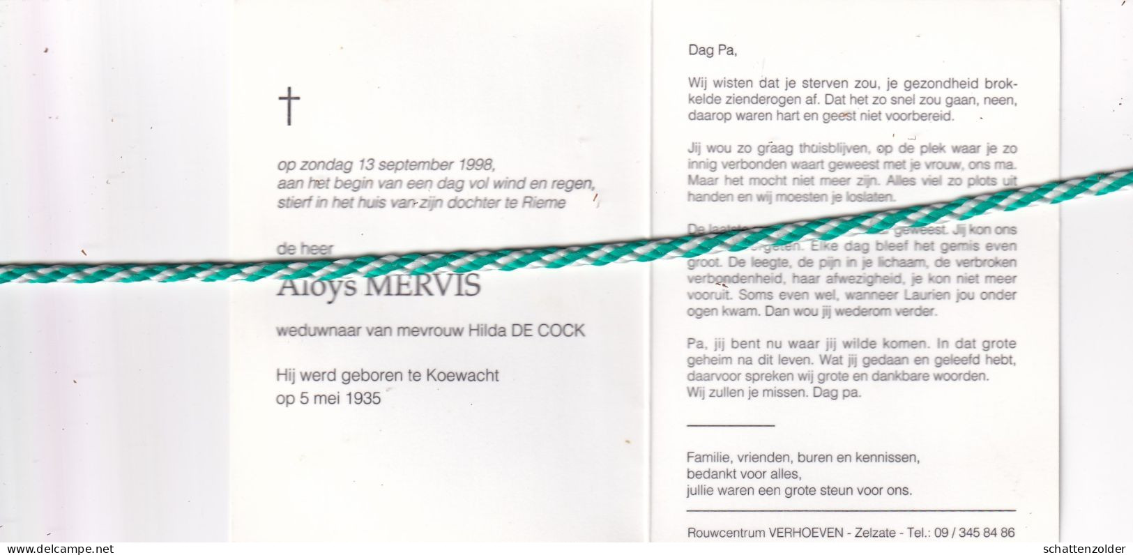Aloys Mervis-De Cock, Koewacht 1935, Rieme 1998. Foto - Décès