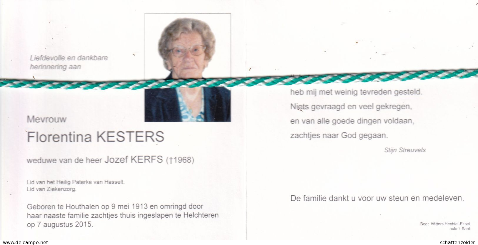 Florentia Kesters-Kerfs, Houthalen 1913, Helchteren 2015. Honderdjarige. Foto - Esquela