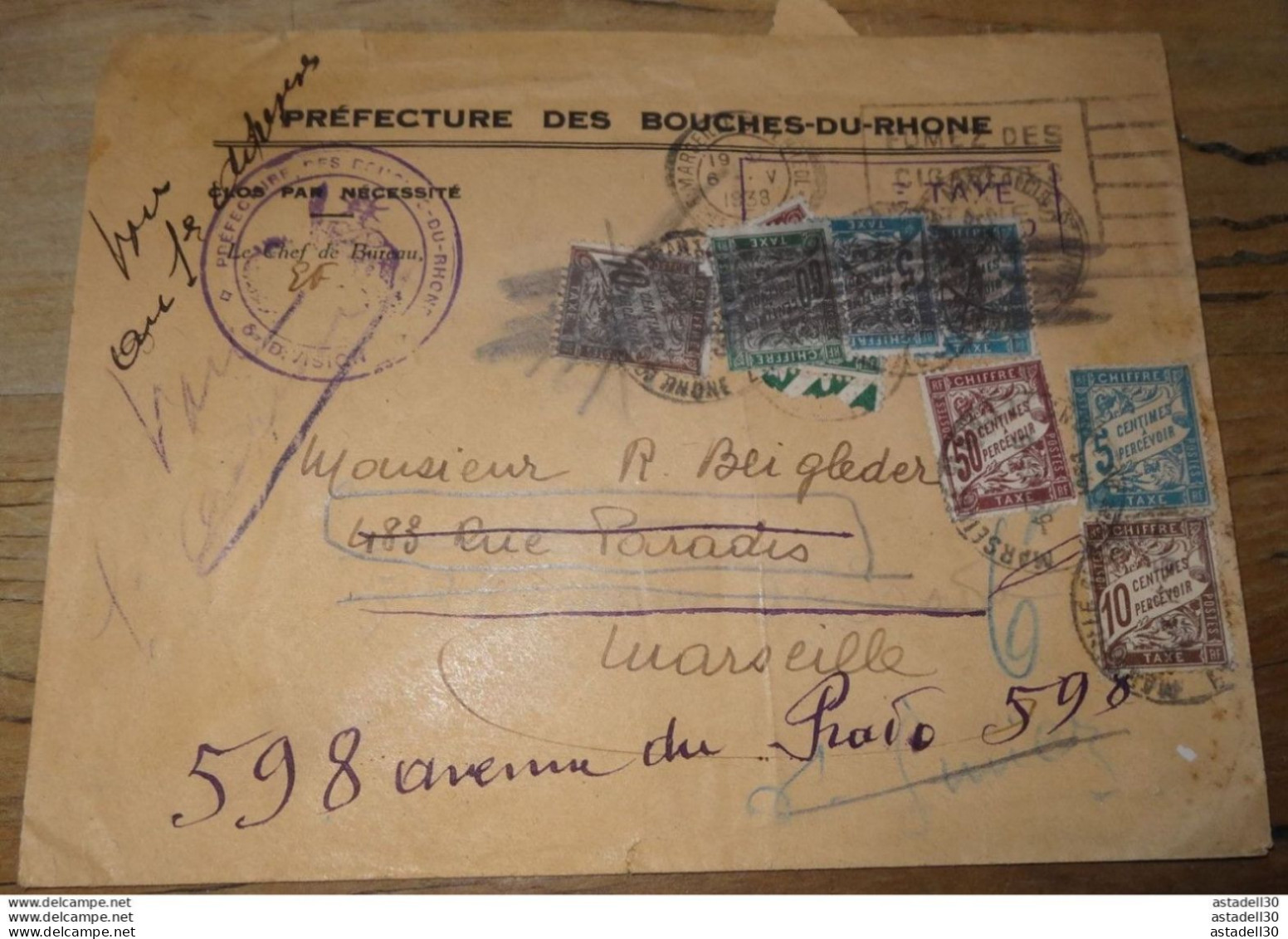 A VOIR : Grande Enveloppe, Taxée, Retaxée, De 1938, Marseille ............BOITE1 ....... 187 - 1921-1960: Moderne
