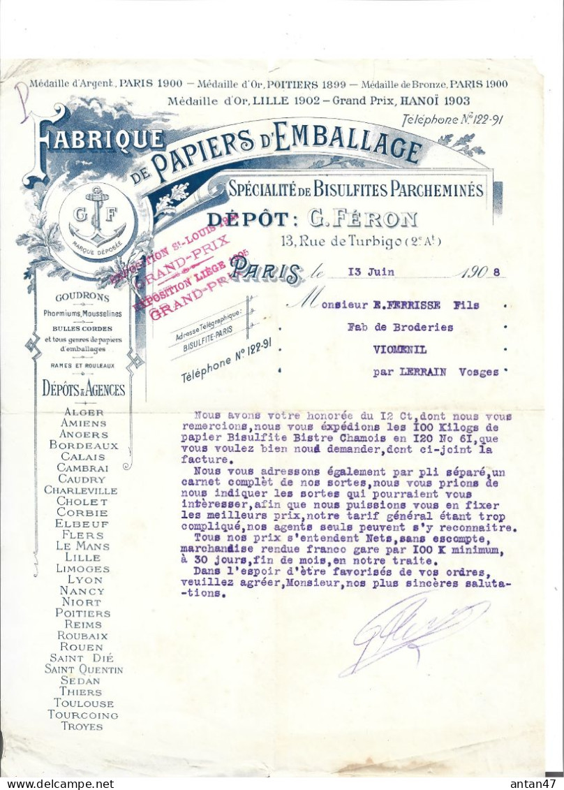 Facture Illustrée 1908 / 75002 PARIS / AMIENS ANGERS CAMBRAI SAINT QUENTIN  / Fabrique Papiers Emballage FERON - 1900 – 1949