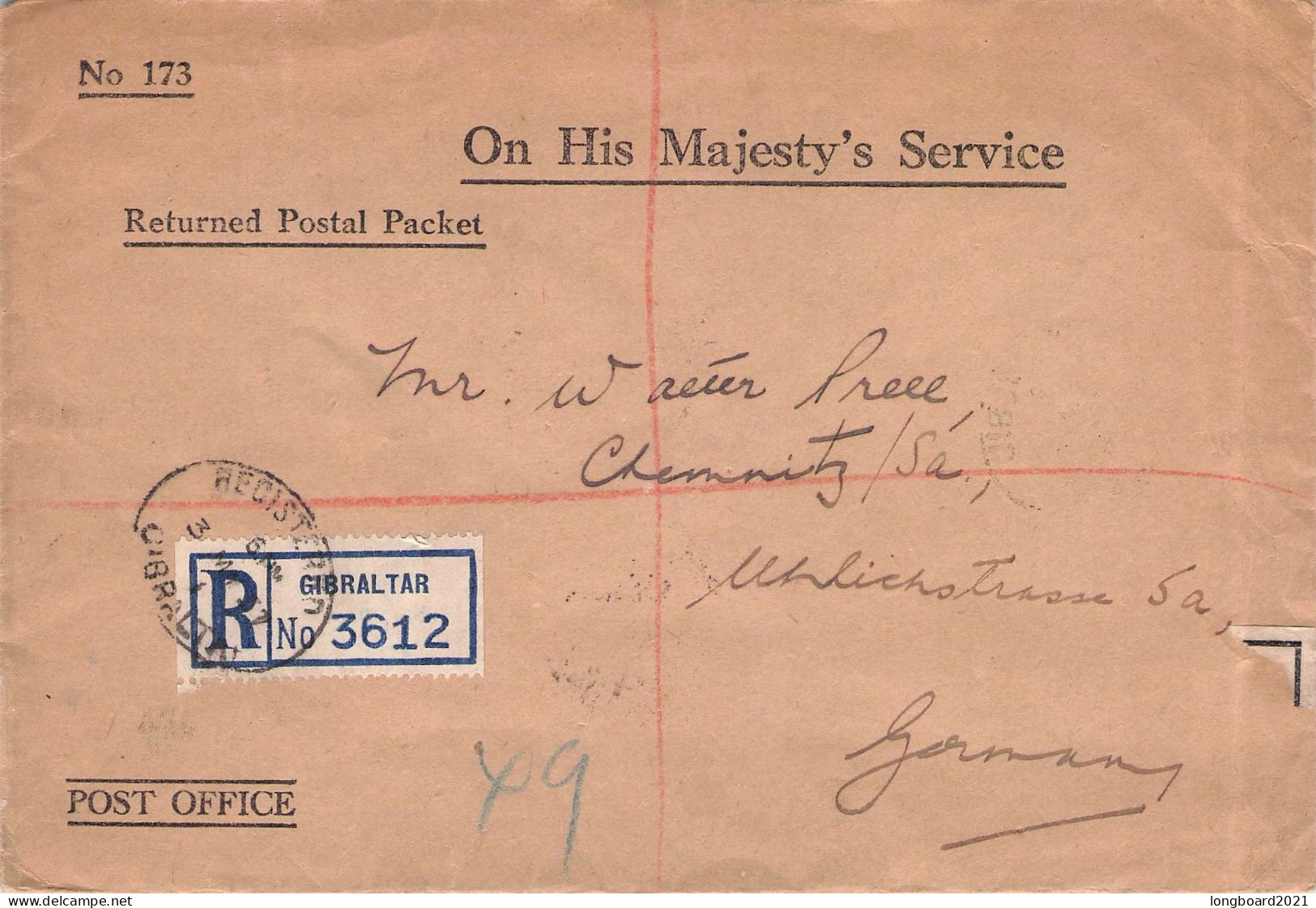 GIBRALTAR - REGISTERED MAIL 1938 -ON HIS MAJESTY'S SERVICE- / 7046 - Gibilterra