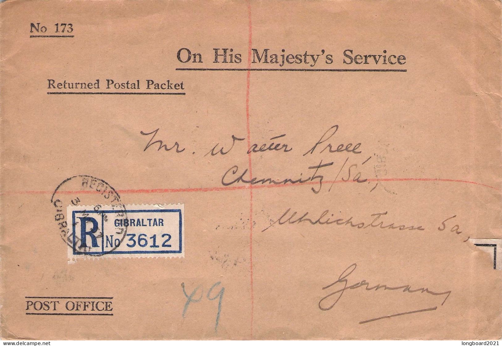 GIBRALTAR - REGISTERED MAIL 1938 -ON HIS MAJESTY'S SERVICE- / 7046 - Gibraltar