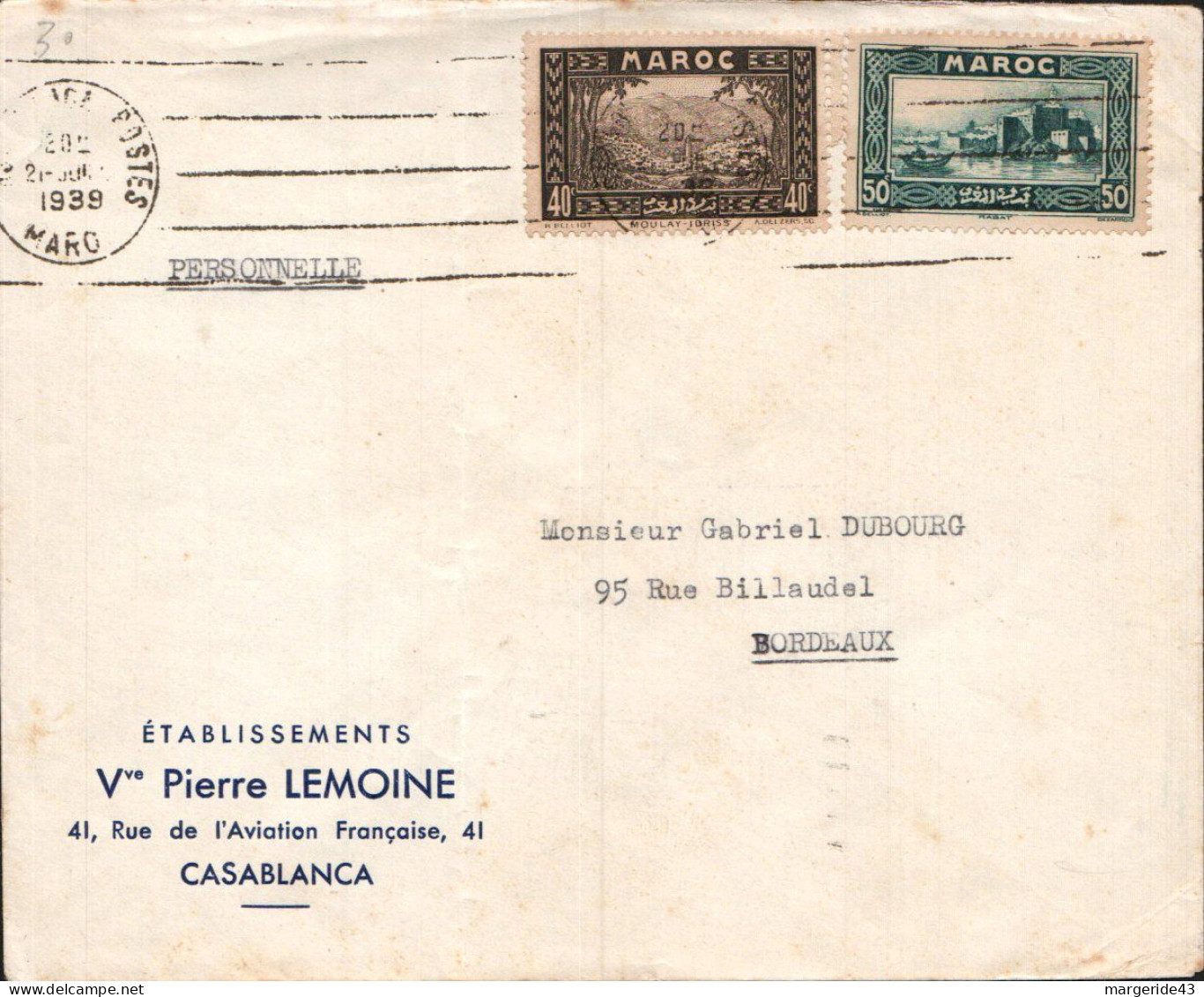MAROC AFFRANCHISSEMENT COMPOSE SUR LETTRE A EN TETE POUR LA FRANCE 1939 - Cartas & Documentos