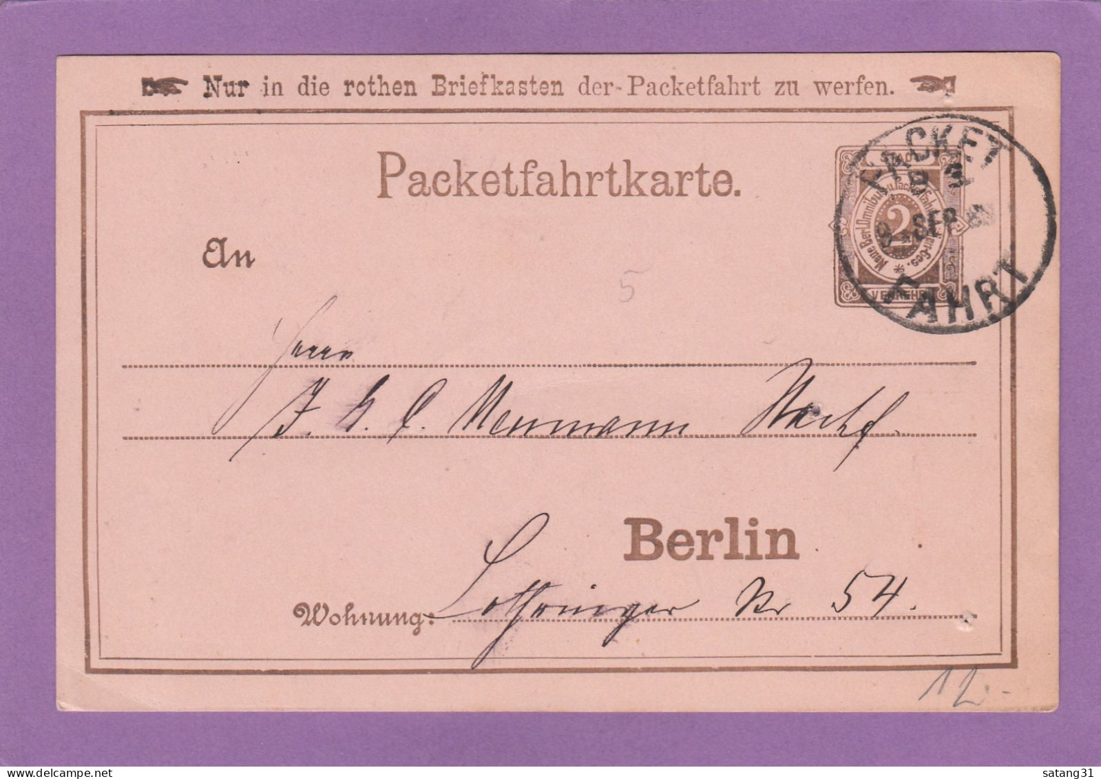 PACKETFAHRT BERLIN. GANZSACHE 2PF. - Private & Local Mails