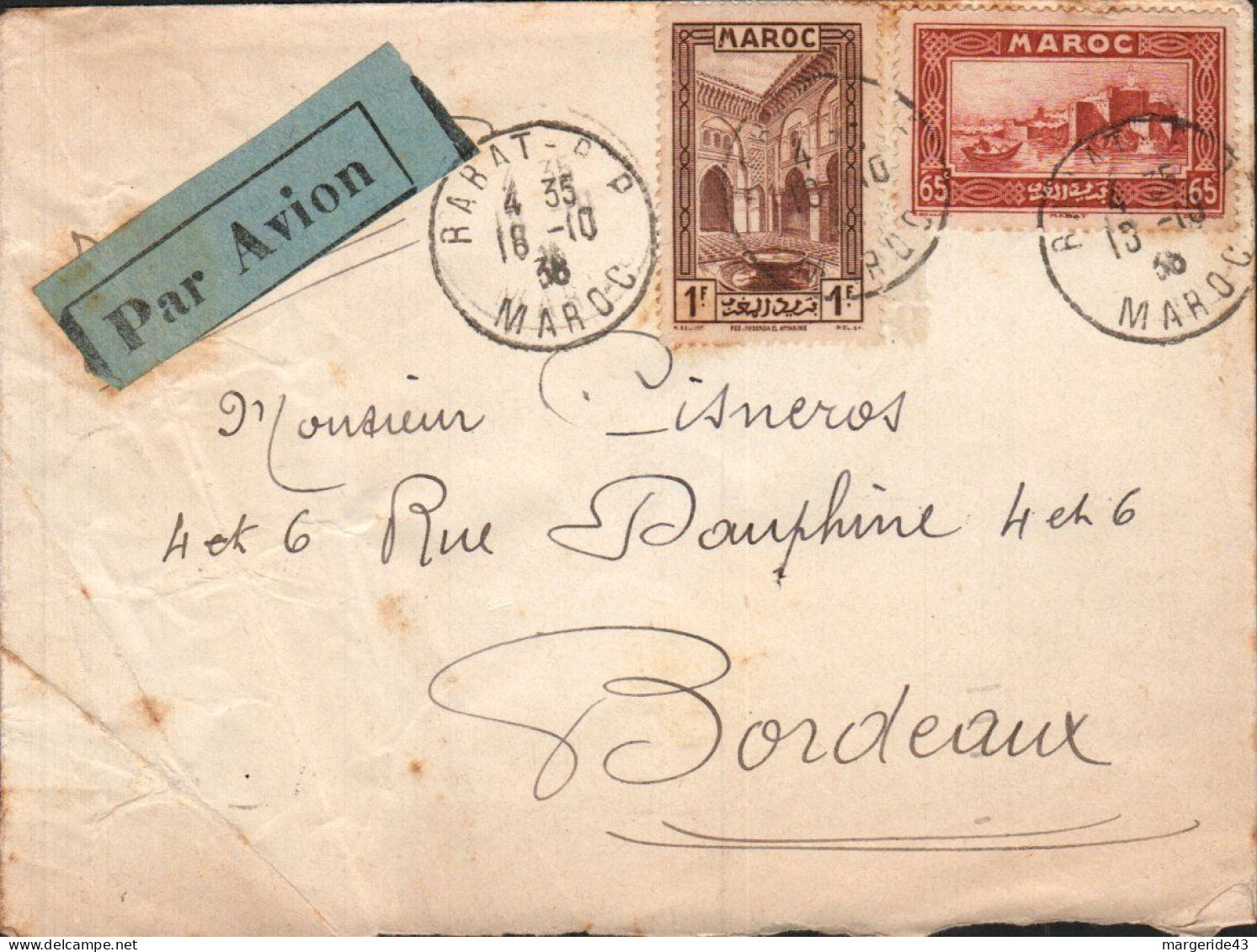 MAROC AFFRANCHISSEMENT COMPOSE SUR LETTRE A EN TETE POUR LA FRANCE 1938 - Briefe U. Dokumente