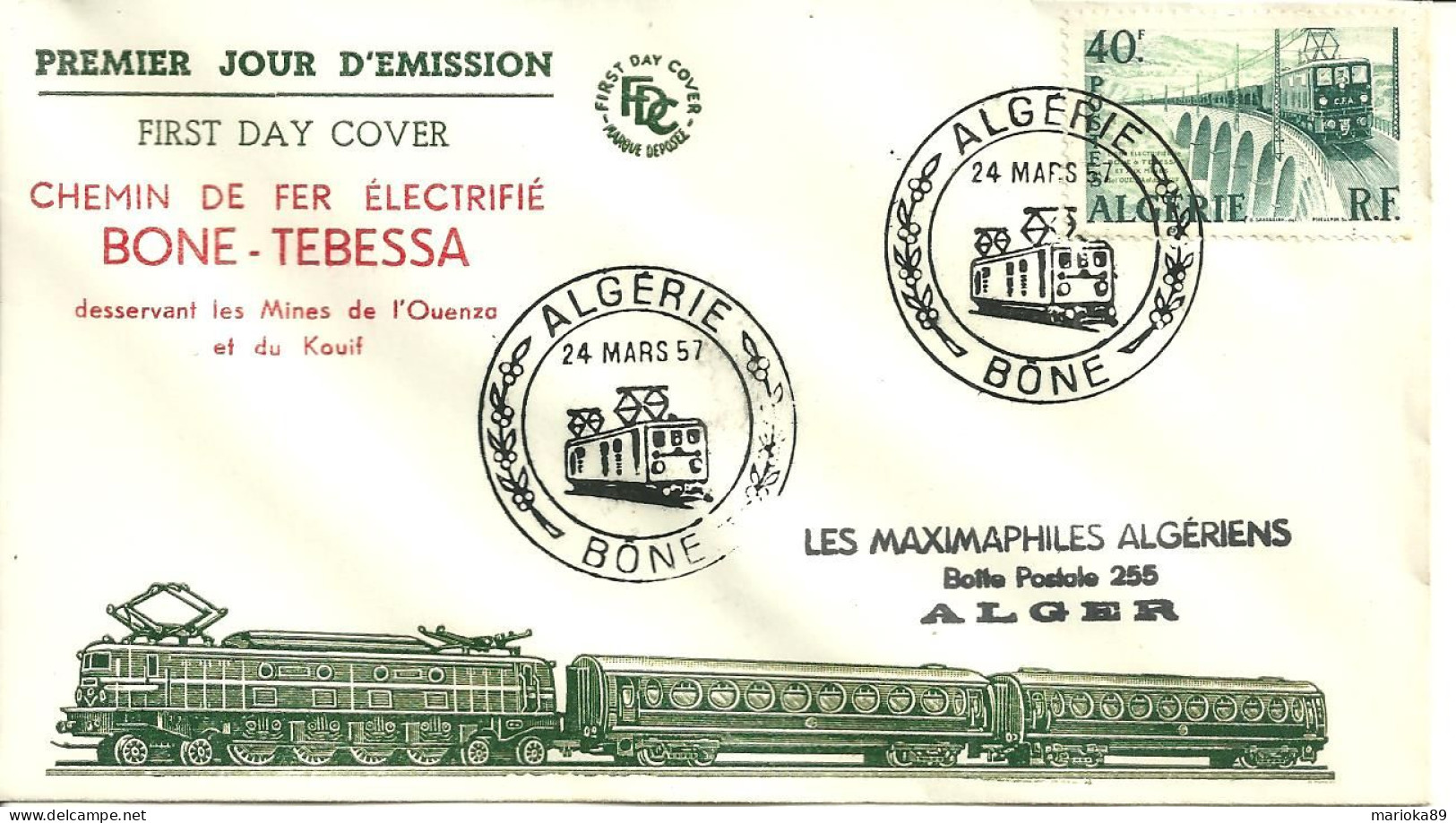 ENV CHEMIN DE FER ELECTRIFIE BONE TEBESSA MARS 1957 - FDC