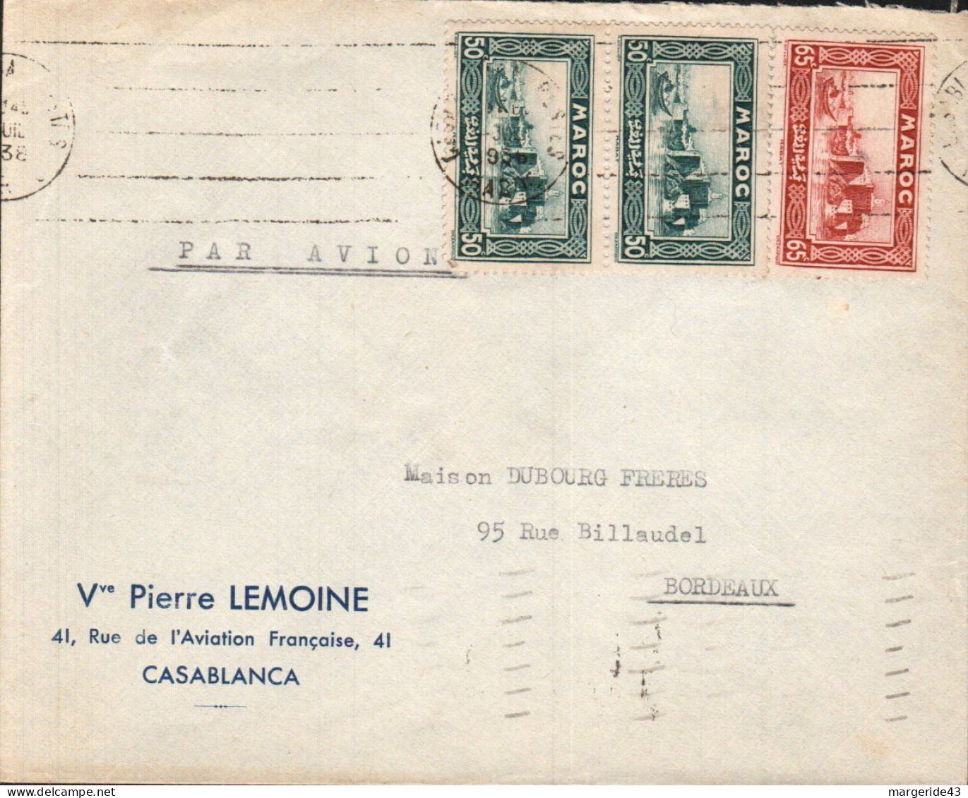 MAROC AFFRANCHISSEMENT COMPOSE SUR LETTRE A EN TETE POUR LA FRANCE 1938 - Lettres & Documents