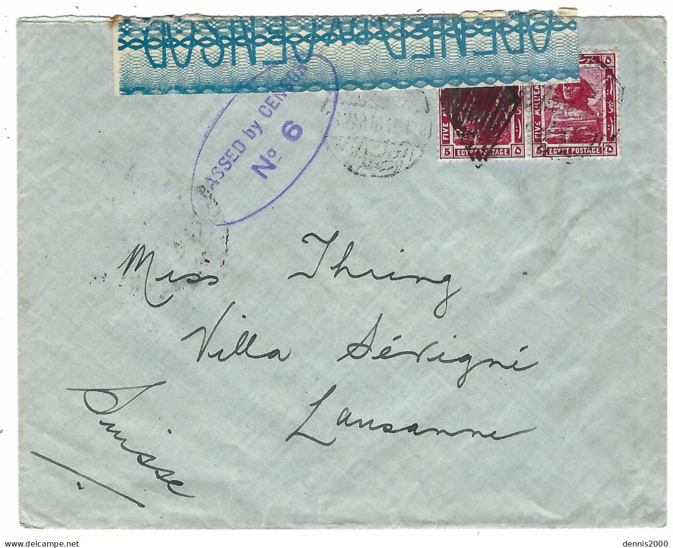 1916 - Cover Fr 10 Millièmes To Lausanne ( Suisse ) With " Passed By Censor / N°6 " - 1915-1921 Brits Protectoraat