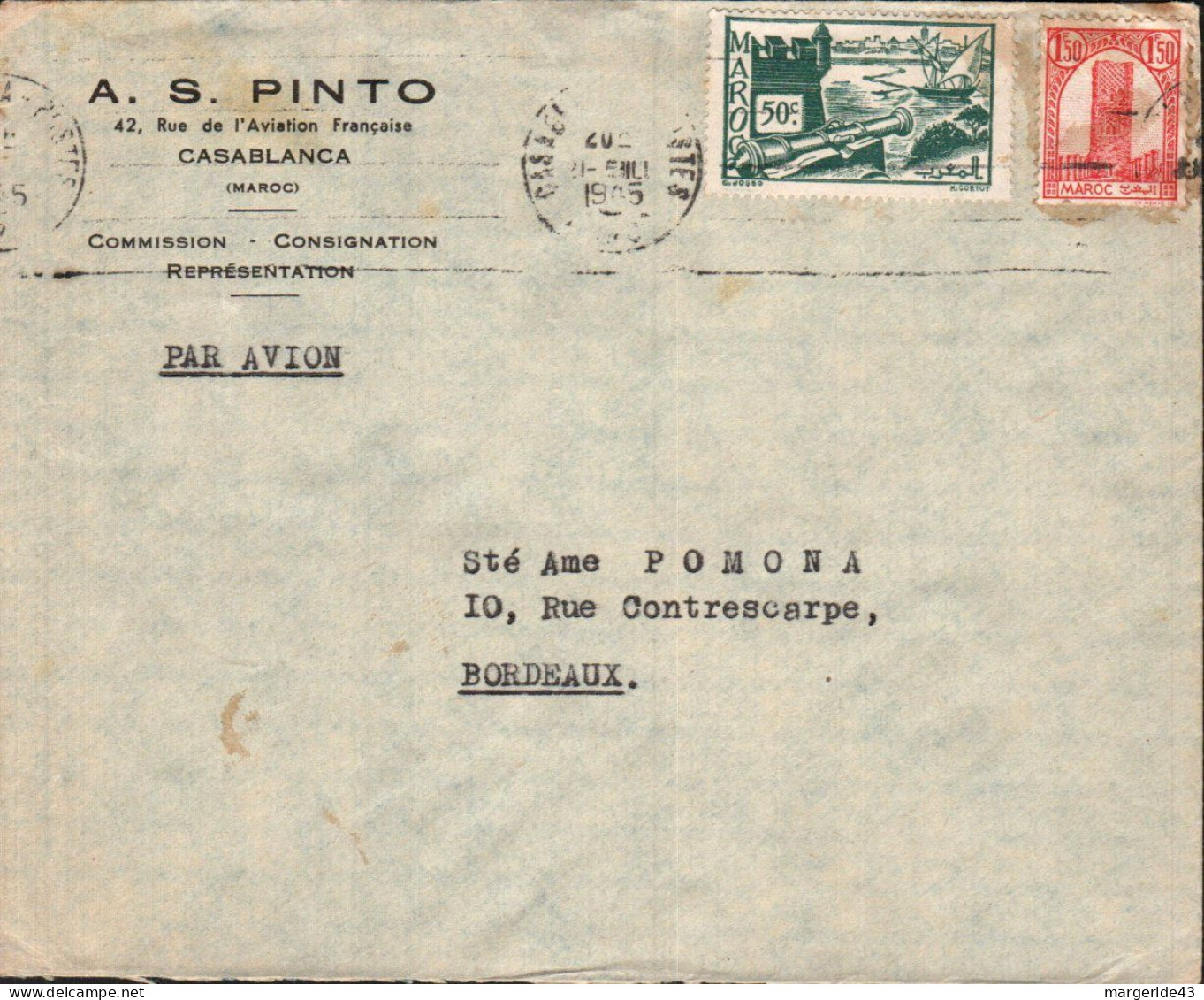 MAROC AFFRANCHISSEMENT COMPOSE SUR LETTRE A EN TETE POUR LA FRANCE 1945 - Covers & Documents