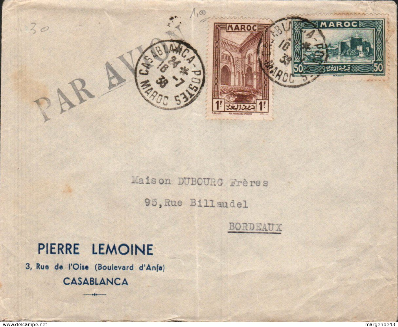 MAROC AFFRANCHISSEMENT COMPOSE SUR LETTRE A EN TETE POUR LA FRANCE 1938 - Covers & Documents