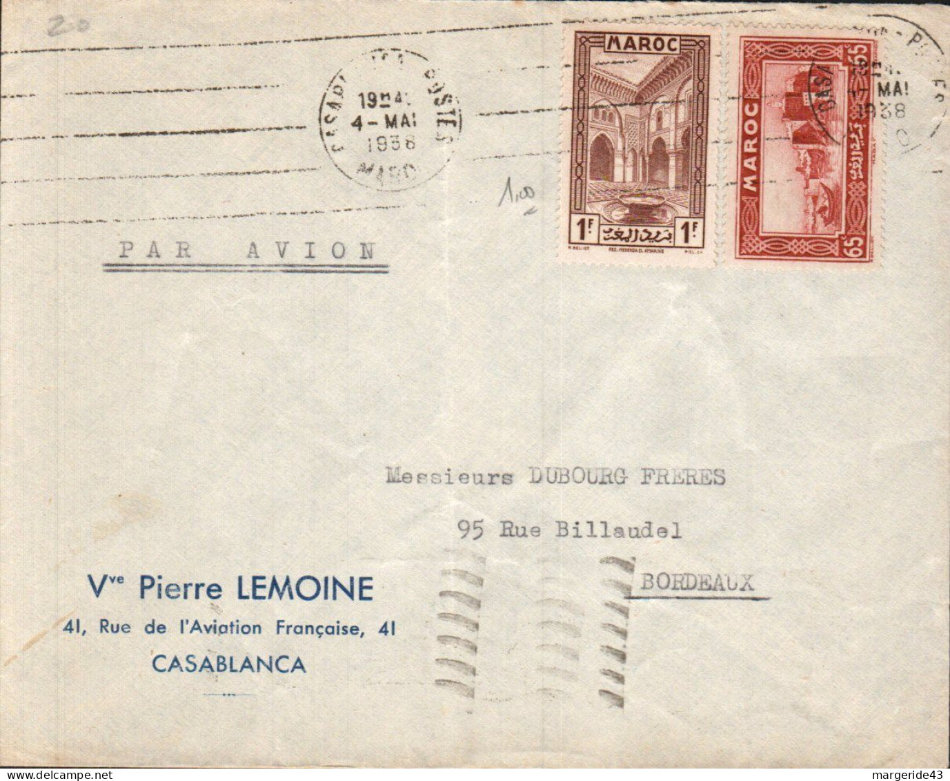 MAROC AFFRANCHISSEMENT COMPOSE SUR LETTRE A EN TETE POUR LA FRANCE 1938 - Storia Postale