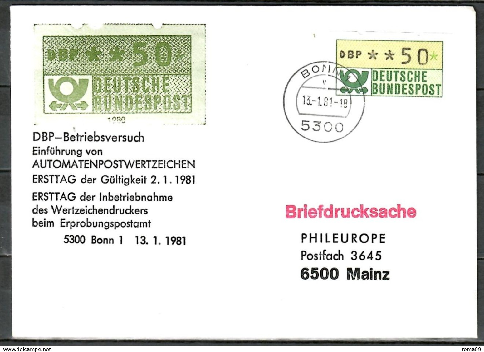 MiNr. ATM 1, Inbetriebnahmebeleg MWzD, Postamt "Bonn 1"; B-2231 - Automatenmarken [ATM]