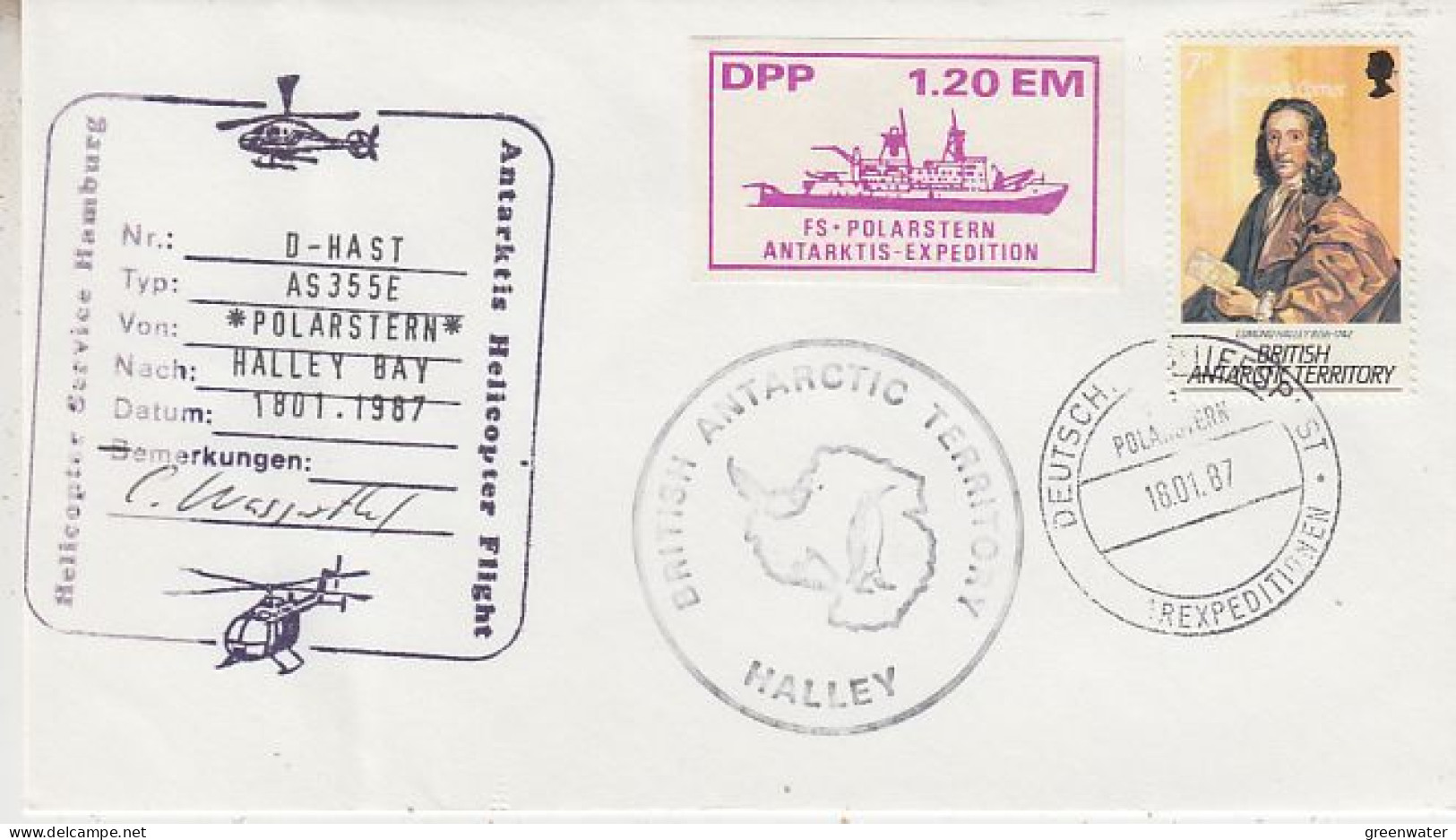 British Antarctic  Territory (BAT) Heli Flight From MS Polarstern To Halley Bay 18.01.1987 (GS168A) Wrinkle In Cover - Vuelos Polares