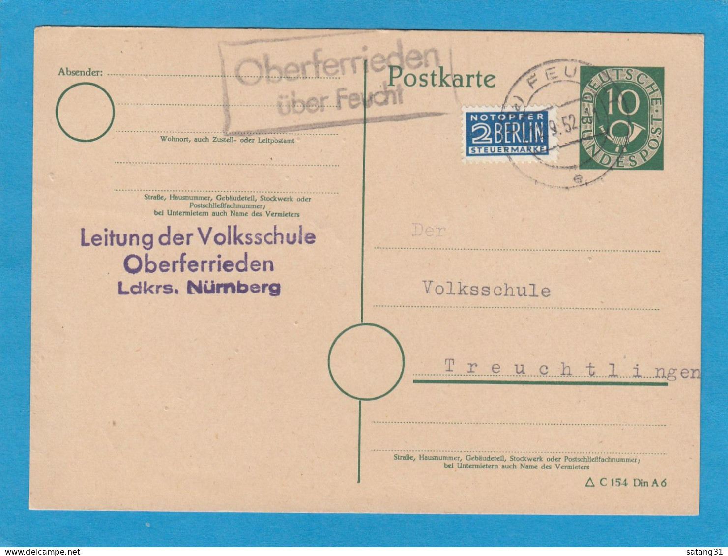 GANZSACHE MIT LANDPOSTSTEMPEL "OBERFERRIEDEN ÜBER FEUCHT". - Postcards - Used