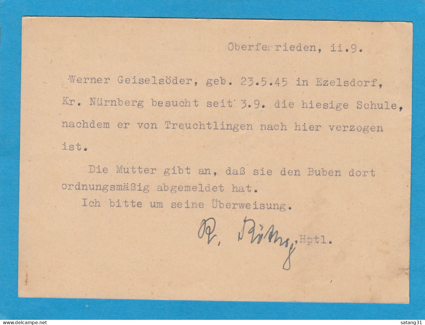 GANZSACHE MIT LANDPOSTSTEMPEL "OBERFERRIEDEN ÜBER FEUCHT". - Cartes Postales - Oblitérées