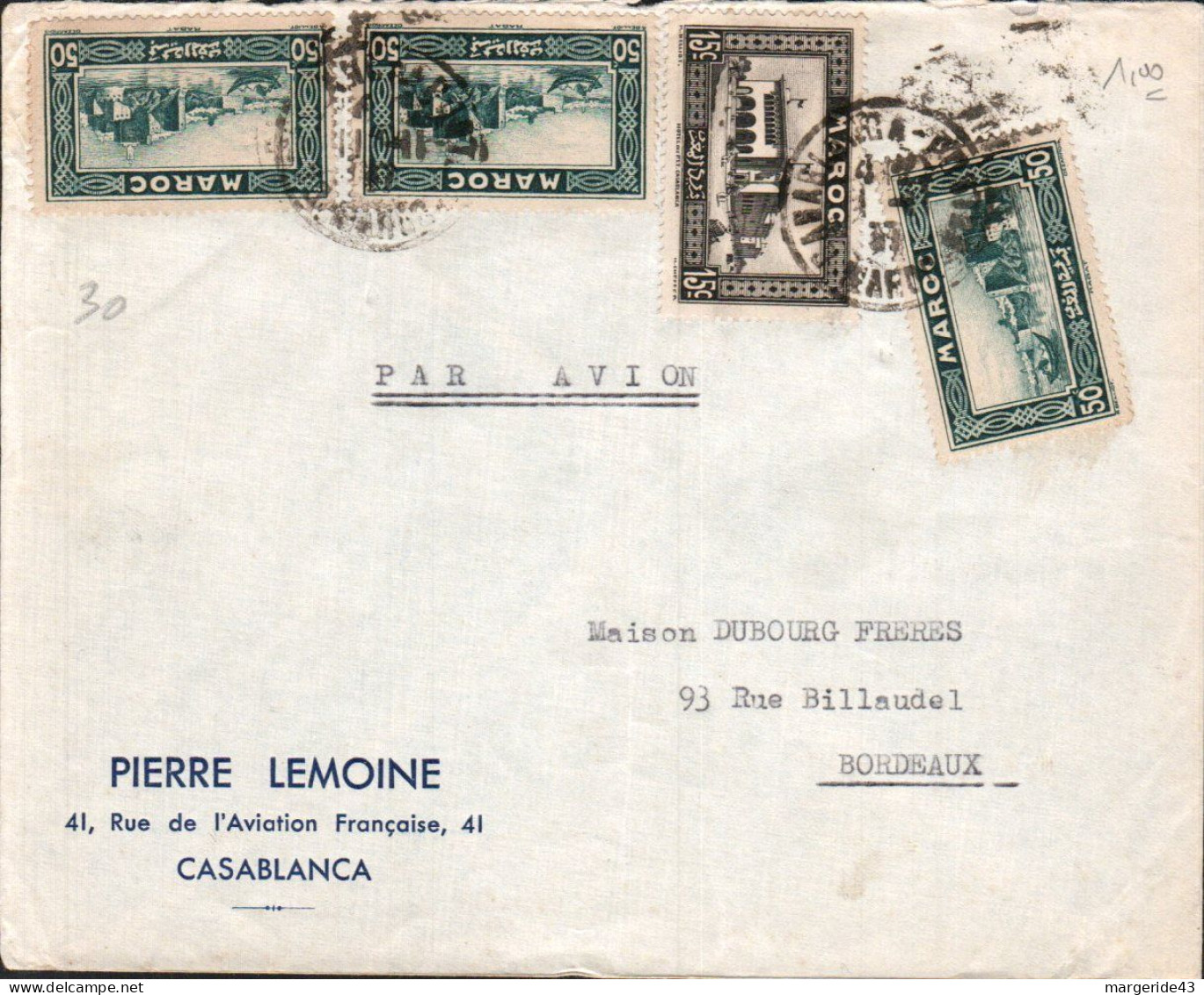 MAROC AFFRANCHISSEMENT COMPOSE SUR LETTRE A EN TETE POUR LA FRANCE 1938 - Covers & Documents