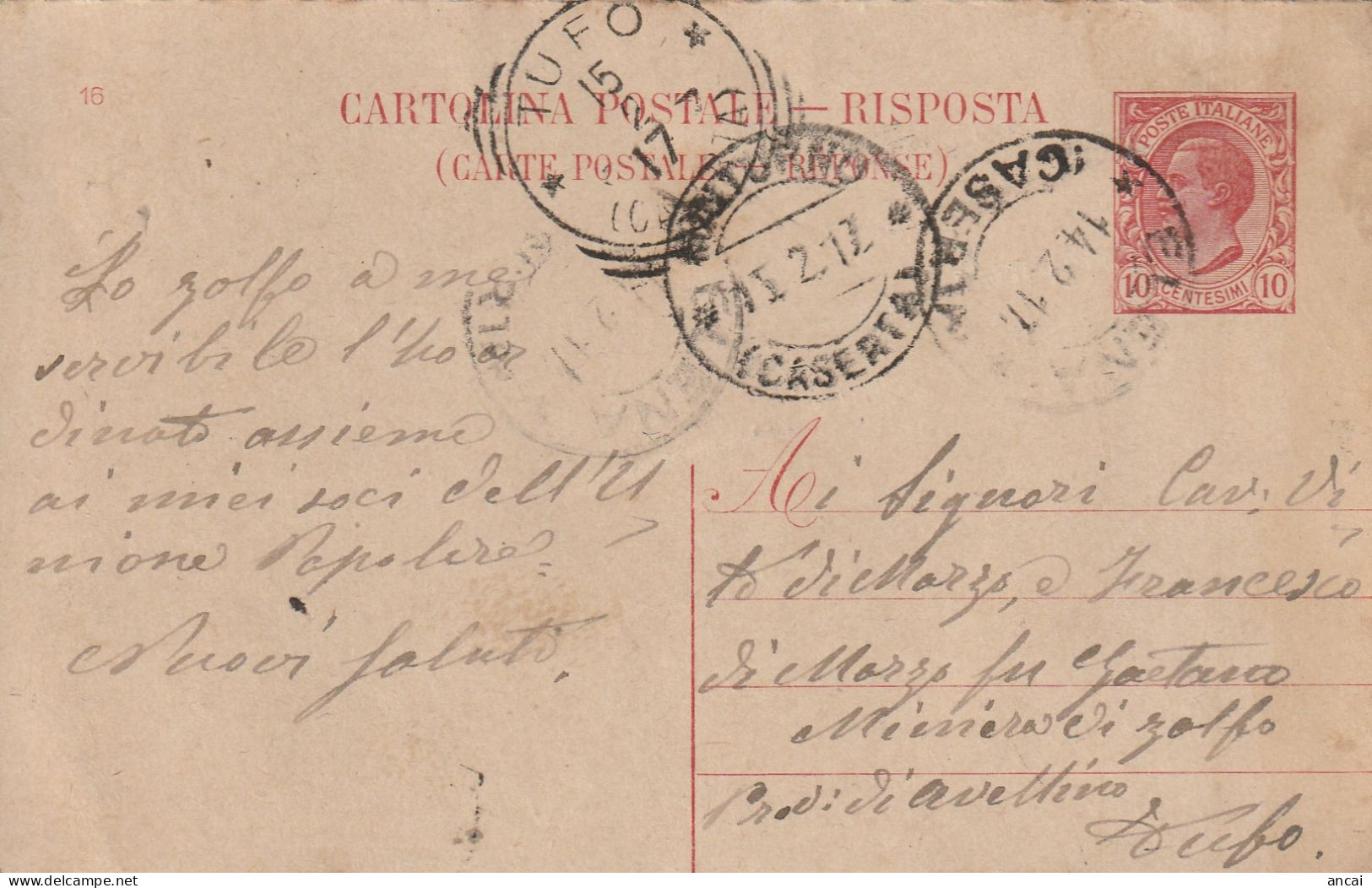 Italy. A204. Elena. 1917. Annullo Guller ELENA (CASERTA), Su Cartolina Postale. Annullo Tondo Riquadrato TUFO (CASERTA) - Poststempel