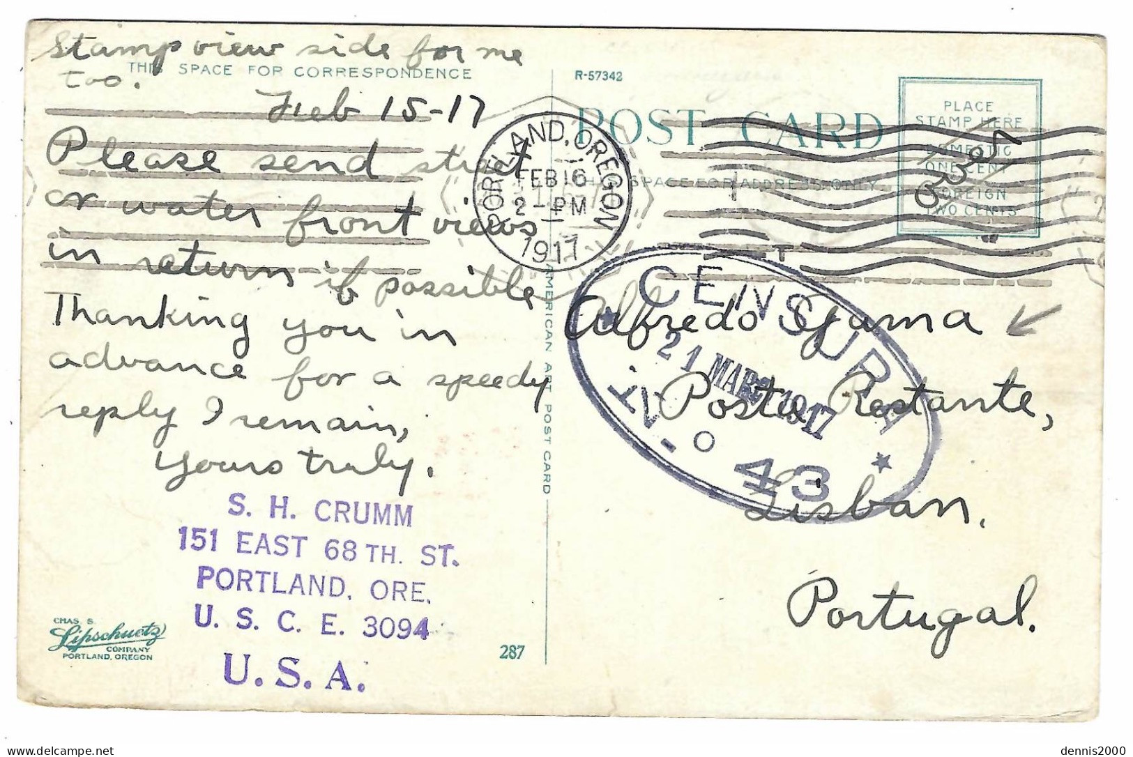 1917 - Post Card From United States To Lisbon With CENSURA N° 43 - Lettres & Documents