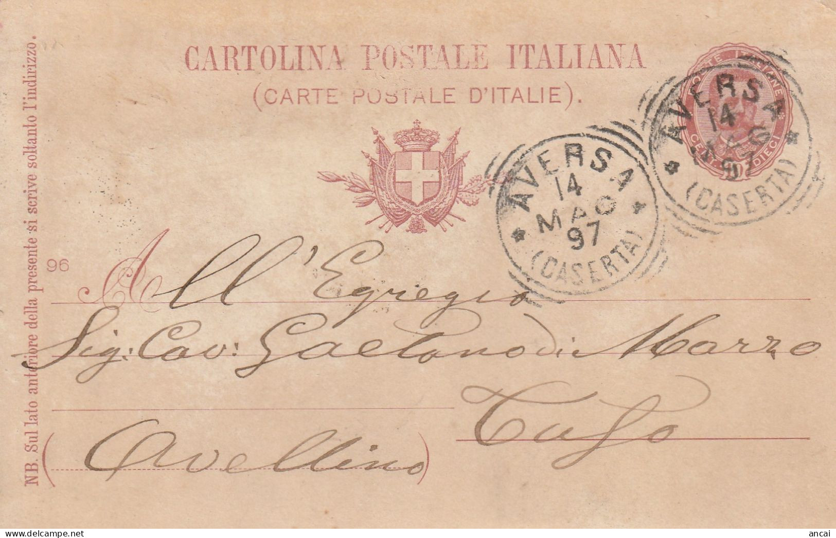 Italy. A204. Aversa. 1897. Annullo Tondo Riquadrato AVERSA (CASERTA), Su Cartolina Postale. - Marcophilie