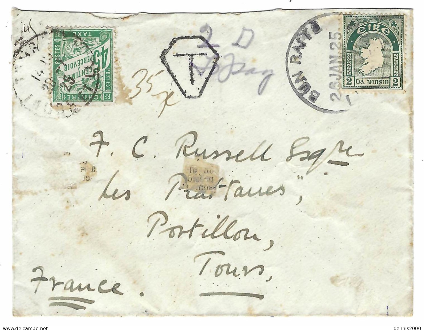 1925 - Petite Enveloppe D' IRLANDE Affr. 2 P TAXEE à 45 C N° 33 Seul - 1921-1960: Moderne