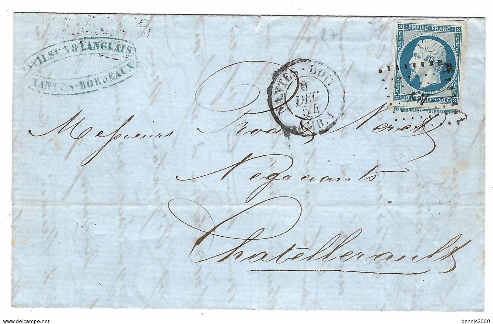 1854 - Lettre De NANTES Cad AMB. " NANTES - BOITE / AMB. 1 " Affr. N° 14 Oblit Losange C N - 1849-1876: Période Classique