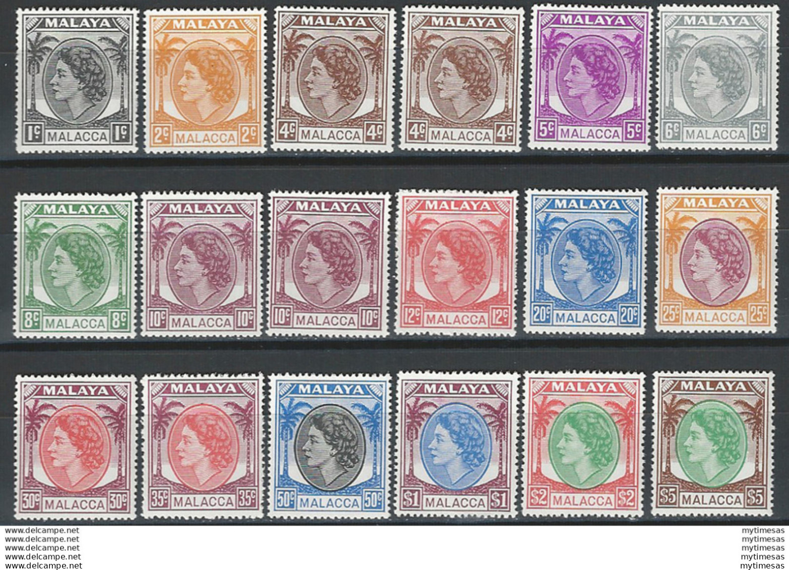 1954-57 Malacca Elisabetta II 18v. MNH SG N. 23/38+a - Otros & Sin Clasificación