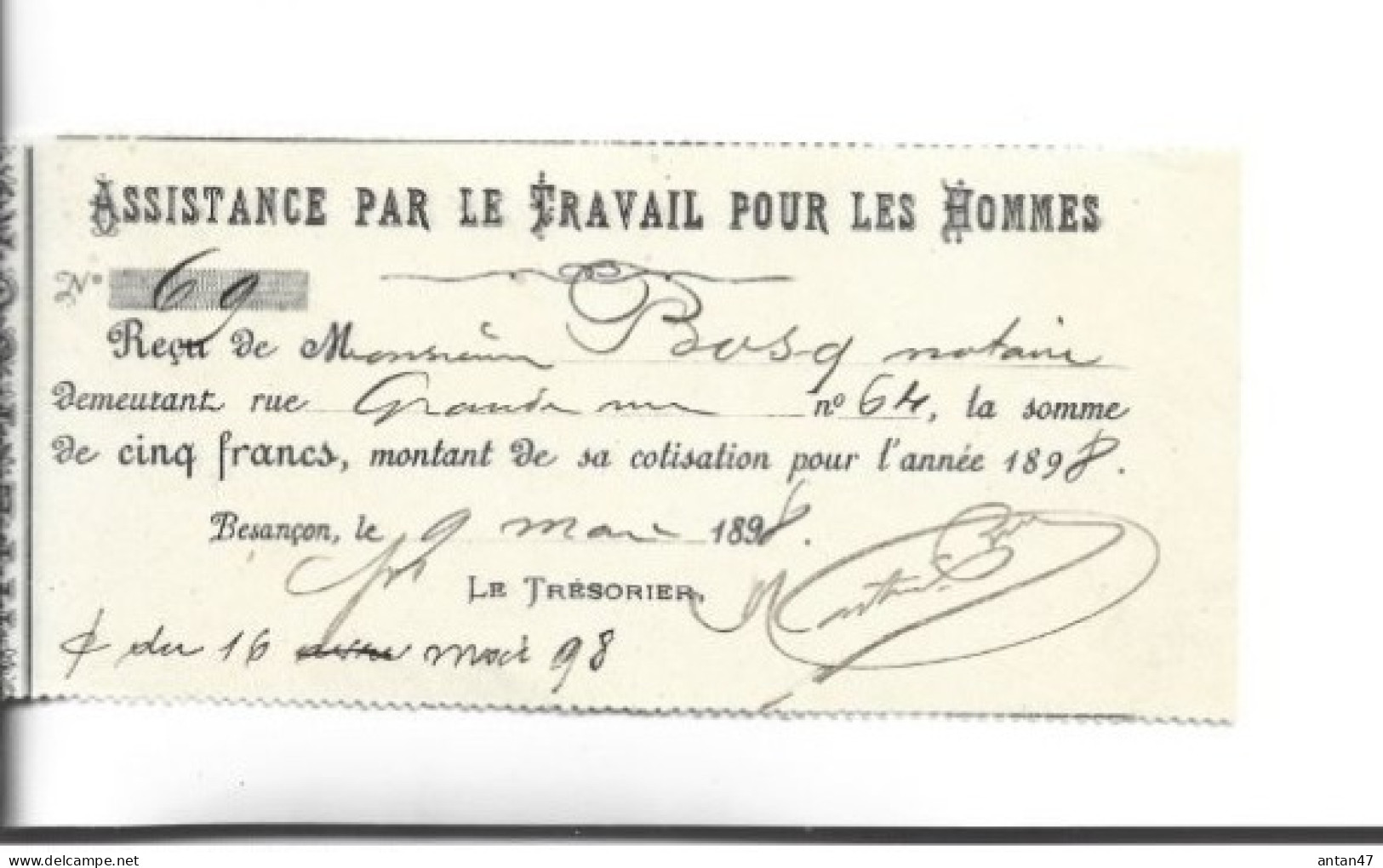 Coupon Cotisation 1898 ASSISTANCE Par Le TRAVAIL Pour Les HOMMES / 25 BESANCON - 1800 – 1899